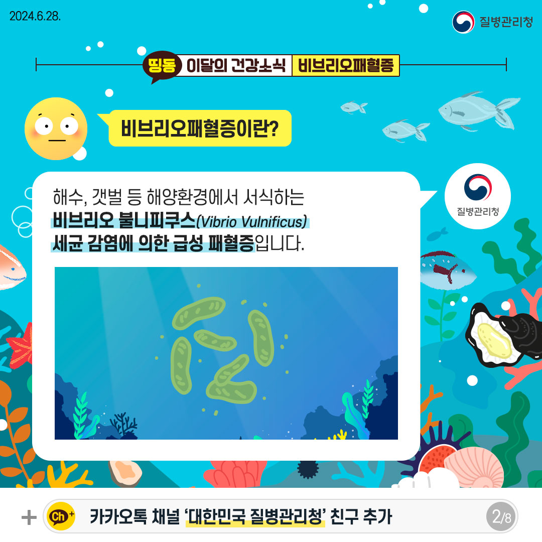 비브리오패혈증이란? 해수, 갯벌 등 해양환경에서 서식하는 비브리오 불니피쿠스(Vibrio Vulnificus) 세균 감염에 의한 급성 패혈증입니다.