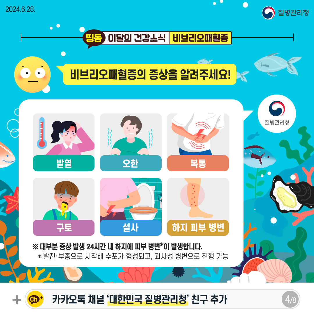 비브리오패혈증의 증상을 알려주세요! - 발열 - 오한 - 복통 - 구토 - 설사 - 하지 피부 병변 ※ 대부분 증상 발생 24시간 내 하지에 피부 병변*이 발생합니다. * 발진·부종으로 시작해 수포가 형성되고, 괴사성 병변으로 진행 가능
