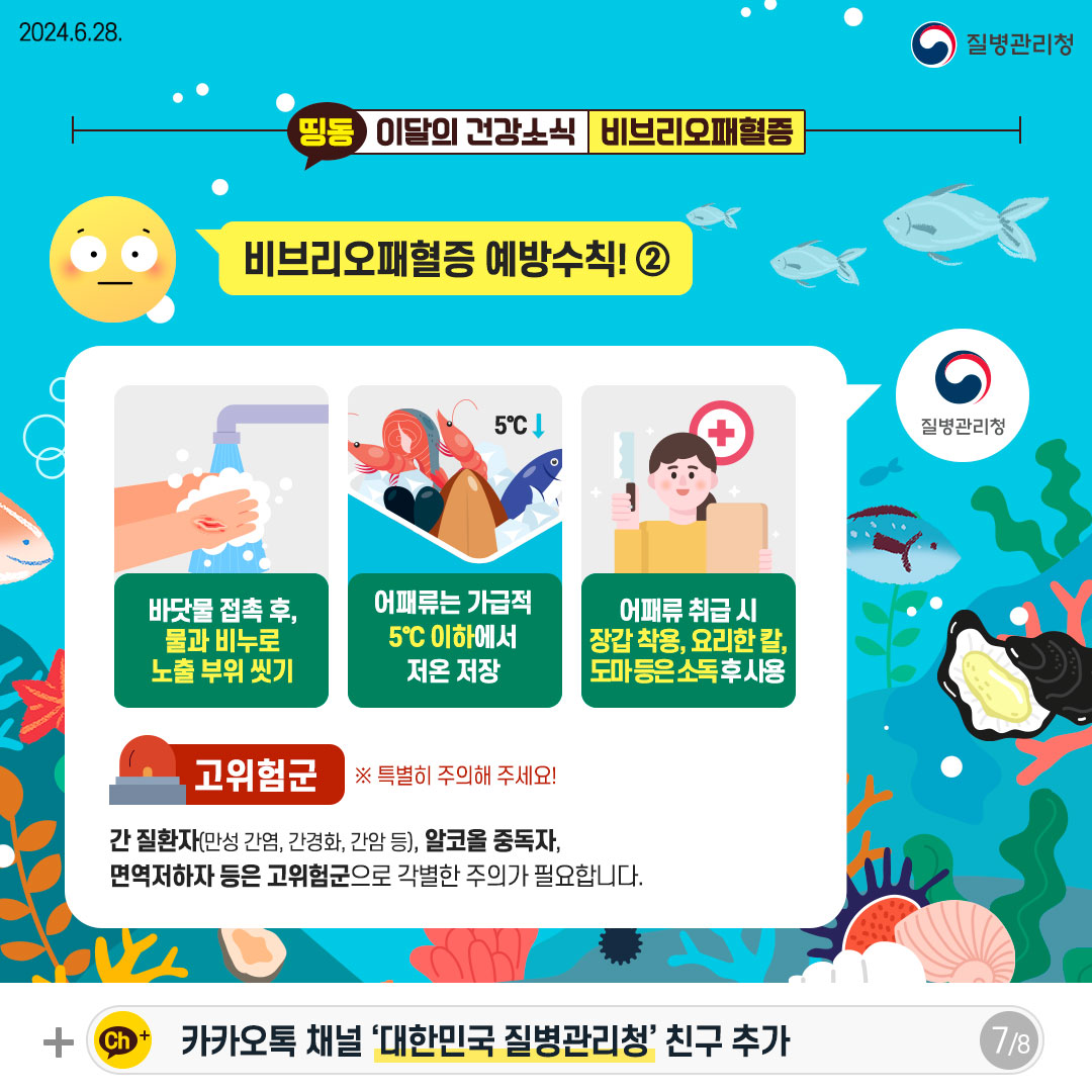 비브리오패혈증 예방수칙! ② - 바닷물 접촉 후, 물과 비누로 노출 부위 씻기 - 어패류는 가급적 5°℃ 이하에서 저온 저장 - 어패류 취급 시 장갑 착용, 요리한 칼, 도마 등은 소독 후 사용 [고위험군] ※ 특별히 주의해 주세요! 간 질환자(만성 간염, 간경화, 간암 등), 알코올 중독자, 면역저하자 등은 고위험군으로 각별한 주의가 필요합니다.