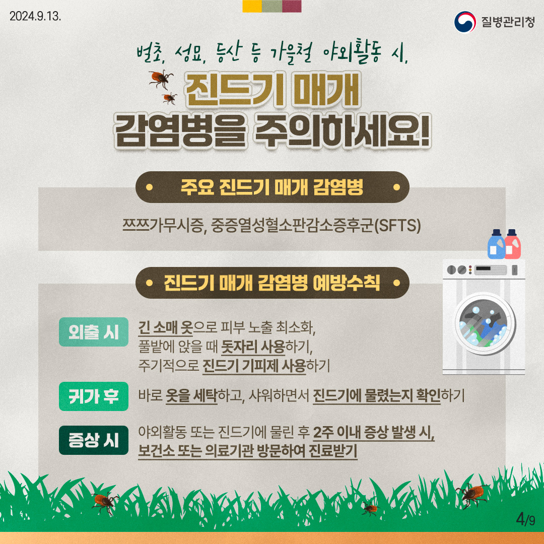 벌초, 성묘, 등산 등 가을철 야외활동 시, 진드기 매개 감염병을 주의하세요! [주요 진드기 매개 감염병] 쯔쯔가무시증, 중증열성혈소판감소증후군(SFTS) [진드기 매개 감염병 예방수칙] (외출 시) 긴 소매 옷으로 피부 노출 최소화, 풀밭에 앉을 때 돗자리 사용하기, 주기적으로 진드기 기피제 사용하기 (귀가 후) 바로 옷을 세탁하고, 샤워하면서 진드기에 물렸는지 확인하기 (증상 시) 야외활동 또는 진드기에 물린 후 2주 이내 증상 발생 시, 보건소 또는 의료기관 방문하여 진료받기