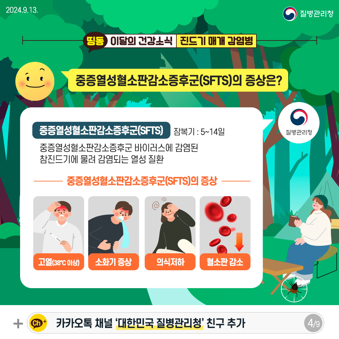 중증열성혈소판감소증후군의 증상은? [중증열성혈소판감소증후군] (잠복기 : 5~14일) 중증열성혈소판감소증후군 바이러스에 감염된 참진드기에 물려 감염되는 열성 질환 [중증열성혈소판감소증후군의 증상] - 고열(38도 이상) - 소화기 증상 - 의식저하 - 혈소판 감소