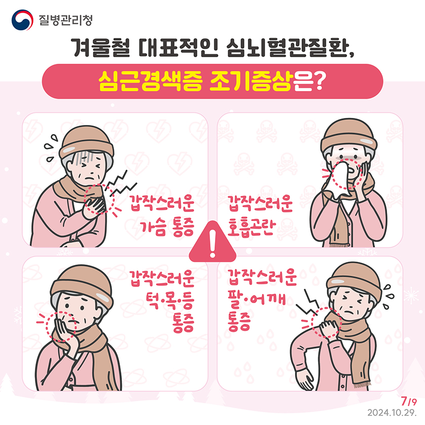 겨울철 대표적인 심뇌혈관질환, 심근경색증 조기증상은? 갑작스러운 가슴 통증 갑작스러운 호흡곤란 갑작스러운 턱, 목, 등 통증 갑작스러운 팔, 어깨 통증