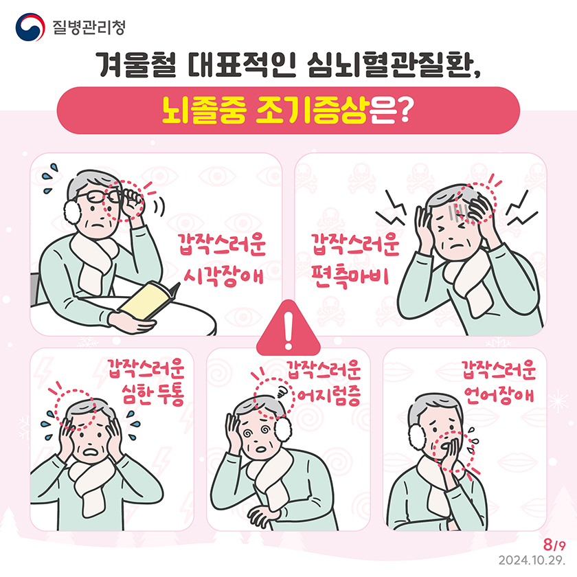 겨울철 대표적인 심뇌혈관질환, 뇌졸중 조기증상은? 갑작스러운 시각장애 갑작스러운 편측마비 갑작스러운 심한 두통 갑작스러운 어지럼증 갑작스러운 언어장애
