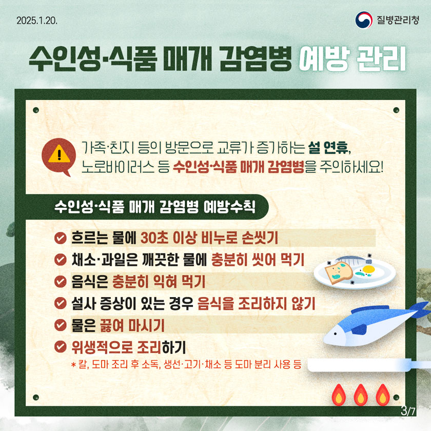 수인성·식품 매개 감염병 예방 관리 가족·친지 등의 방문으로 교류가 증가하는 설 연휴, 노로바이러스 등 수인성·식품 매개 감염병을 주의하세요! 수인성·식품 매개 감염병 예방수칙 ✔ 흐르는 물에 30초 이상 비누로 손씻기 ✔ 채소·과일은 깨끗한 물에 충분히 씻어 먹기 ✔ 음식은 충분히 익혀 먹기 ✔ 설사 증상이 있는 경우 음식을 조리하지 않기 ✔ 물은 끓여 마시기 ✔ 위생적으로 조리하기 *칼, 도마 조리 후 소독, 생선·고기·채소 등 도마 분리 사용 등