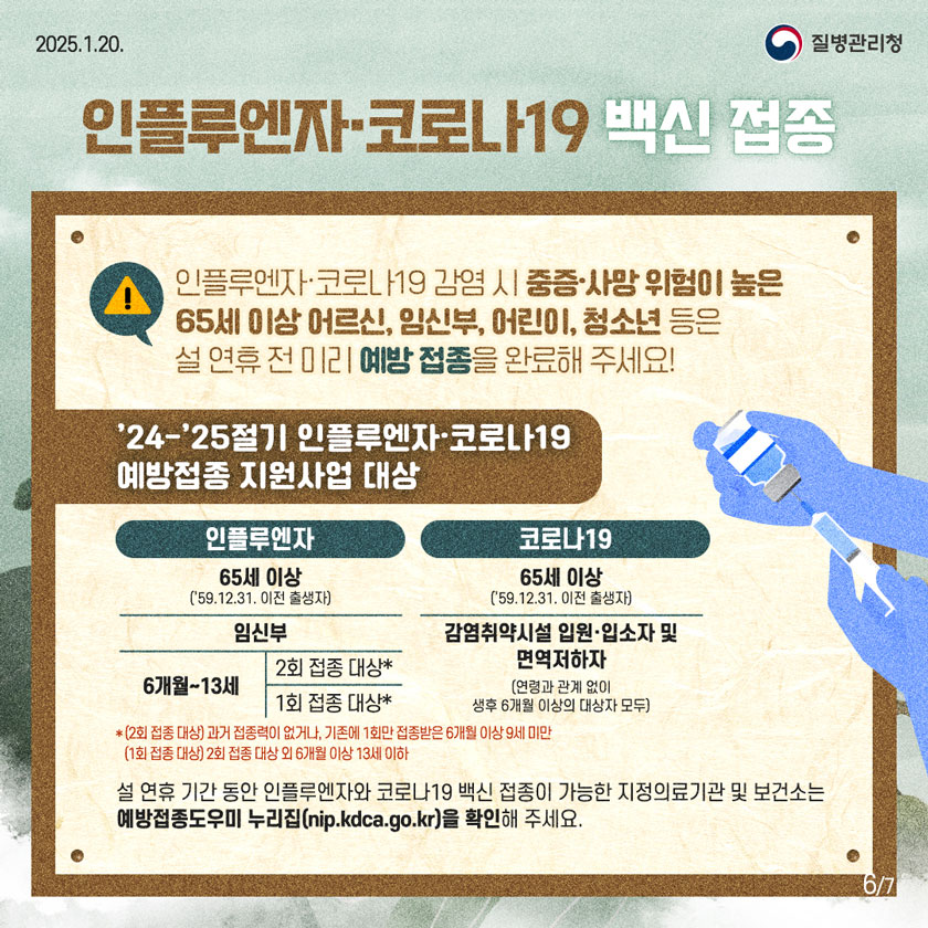 인플루엔자·코로나19 백신 접종 인플루엔자·코로나19 감염 시 중증·사망 위험이 높은 65세 이상 어르신, 임신부, 어린이, 청소년 등은 설 연휴 전 미리 예방 접종을 완료해 주세요! '24-'25절기 인플루엔자·코로나19 예방접종 지원사업 대상 [인플루엔자] 65세 이상 ('59.12.31. 이전 출생자) 임신부 6개월~13세 2회 접종 대상* 1회 접종 대상* *(2회 접종 대상) 과거 접종력이 없거나, 기존에 1회만 접종받은 6개월 이상 9세 미만 (1회 접종 대상) 2회 접종 대상 외 6개월 이상 13세 이하 [코로나19] 65세 이상 ('59.12.31. 이전 출생자) 감염취약시설 입원·입소자 및 면역저하자 (연령과 관계 없이 생후 6개월 이상의 대상자 모두) 설 연휴 기간 동안 인플루엔자와 코로나19 백신 접종이 가능한 지정의료기관 및 보건소는 예방접종도우미 누리집(nip.kdca.go.kr)을 확인해 주세요.