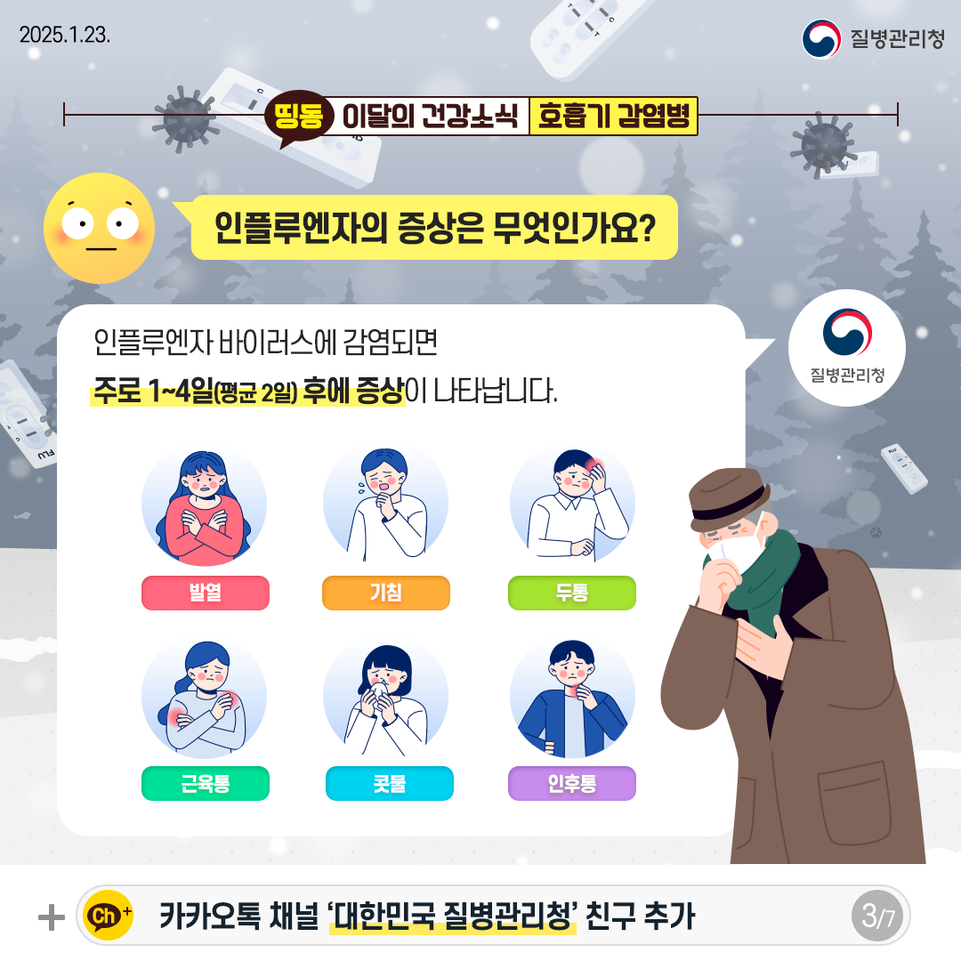 인플루엔자의 증상은 무엇인가요 인플루엔자 바이러스에 감염되면 주로 1~4일(평균 2일) 후에 증상이 나타납니다. 발열, 기침, 두통, 근육통, 콧물, 인후통
