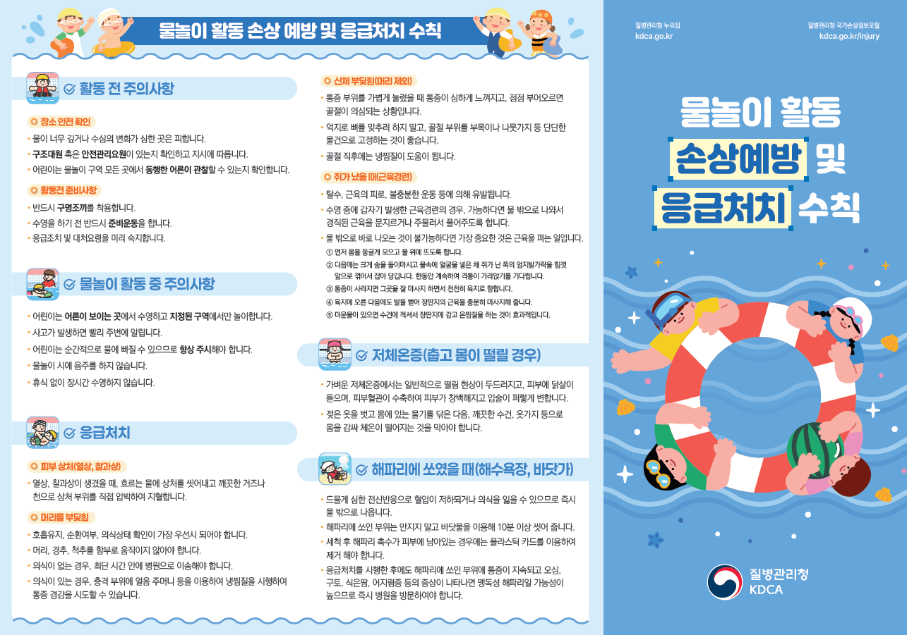 물놀이 활동 손상예방 및 응급처치 수칙 @활동 전 주의사항  1) 장소 안전 확인  물이 너무 깊거나 수심의 변화가 심한 곳은 피합니다.  구조대원 혹은 안전관리요원이 있는지 확인하고 지시에 따릅니다.   물놀이 구역 모든 곳에서 동행한 어른이 관찰할 수 있는지 확인합니다.  2) 활동전 준비사항   반드시 구명조끼를 착용합니다.  수영을 하기 전 반드시 준비운동을 합니다.   응급조치 및 대처요령을 미리 숙지합니다.  @물놀이 활동 중 주의사항  어린이는 어른이 보이는 곳에서 수영하고 지정된 구역에서만 놀이합니다.  사고가 발생하면 빨리 주변에 알립니다.   어린이는 순간적으로 물에 빠질 수 있으므로 항상 주시해야 합니다.  휴식 없이 장시간 수영하지 않습니다.  @ 응급처치  1) 피부 상처(열상, 찰과상)  열상, 찰과상이 생겼을 때, 깨끗한 거즈나 천으로 상처 부위를 직접 압박하여 지혈합니다.  2) 머리를 부딪힘   호흡유지, 순환여부, 의식상태 확인이 가장 우선시 되어야 합니다.  머리, 경추, 척추를 함부로 움직이지 않아야 합니다.  의식이 없는 경우, 최단 시간 안에 병원으로 이송해야 합니다.  의식이 있는 경우, 충격 부위에 얼음 주머니 등을 이용하여 냉찜질을 시행하여 통증 경감을 시도할 수 있습니다.  3) 신체 부딪힘(머리 제외)   통증 부위를 가볍게 눌렀을 때 통증이 심하게 느껴지고, 점점 부어오르면 골절이 의심되는 상황입니다.   억지로 뼈를 맞추려 하지 말고, 골절 부위를 부목이나 나뭇가지 등 단단한 물건으로 고정하는 것이 좋습니다.   골절 직후에는 냉찜질이 도움이 됩니다.  4) 쥐가 났을 때(근육경련)  탈수, 근육의 피로, 불충분한 운동 등에 의해 유발됩니다.   수영 중에 갑자기 발생한 근육경련의 경우, 가능하다면 물 밖으로 나와서 경직된 근육을 문지르거나 주물러서 풀어주도록 합니다.  물 밖으로 바로 나오는 것이 불가능하다면 가장 중요한 것은 근육을 펴는 일입니다.   ① 먼저 몸을 둥글게 모으고 물 위에 뜨도록 합니다.    ② 다음에는 크게 숨을 들이마시고 물속에 얼굴을 넣은 채 쥐가 난 쪽의 엄지발가락을 힘껏 앞으로 꺾어서 잡아당긴다. 한동안 계속하여 격통이 가라앉기를 기다립니다.    ③ 통증이 사라지면 그곳을 잘 마사지하면서 천천히 육지로 향합니다.    ④ 육지에 오른 다음에도 발을 뻗어 장딴지의 근육을 충분히 마사지해 줍니다.   ⑤ 더운물이 있으면 수건에 적셔서 장딴지에 감고 온찜질을 하는 것이 효과적입니다.  5) 저체온증(춥고 몸이 떨릴 경우)  가벼운 저체온증에서는 일반적으로 떨림 현상이 두드러지고, 피부에 닭살이 돋으며, 피부혈관이 수축하여 피부가 창백해지고 입술이 퍼렇게 변합니다.   젖은 옷을 벗긴 후에 몸에 있는 물기를 닦은 다음, 깨끗한 수건, 옷가지 등으로 몸을 감싸 체온이 떨어지는 것을 막아야 합니다.   6) 해파리에 쏘였을 때(해수욕장, 바닷가)  드물게 심한 전신반응으로 혈압이 저하되거나 의식을 잃을 수 있으므로 즉시 물 밖으로 나옵니다.  해파리에 쏘인 부위는 만지지 말고 바닷물을 이용해 10분 이상 씻어 줍니다.  세척 후 해파리 촉수가 피부에 남아있는 경우에는 플라스틱 카드를 이용하여 제거해야 합니다.  응급처치를 시행한 후에도 해파리에 쏘인 부위에 통증이 지속되고 오심, 구토, 식은땀, 어지럼증 등의 증상이 나타나면 맹독성 해파리일 가능성이 높으므로 즉시 병원을 방문하여야 합니다.