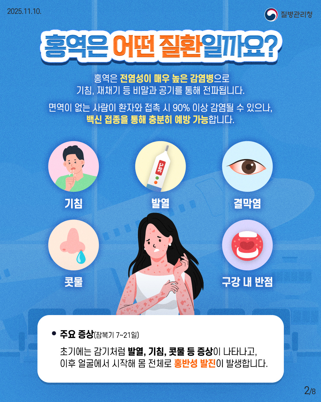 홍역은 어떤 질환일까요?  홍역은 전염성이 매우 높은 감염병으로 기침, 재채기 등 비말과 공기를 통해 전파됩니다.  면역이 없는 사람이 환자와 접촉 시 90% 이상 감염될 수 있으나, 백신 접종을 통해 충분히 예방 가능합니다.  주요 증상(잠복기 7~21일) 초기에는 감기처럼 발열, 기침, 콧물 등 증상이 나타나고, 이후 얼굴에서 시작해 몸 전체로 홍반성 발진이 발생합니다.