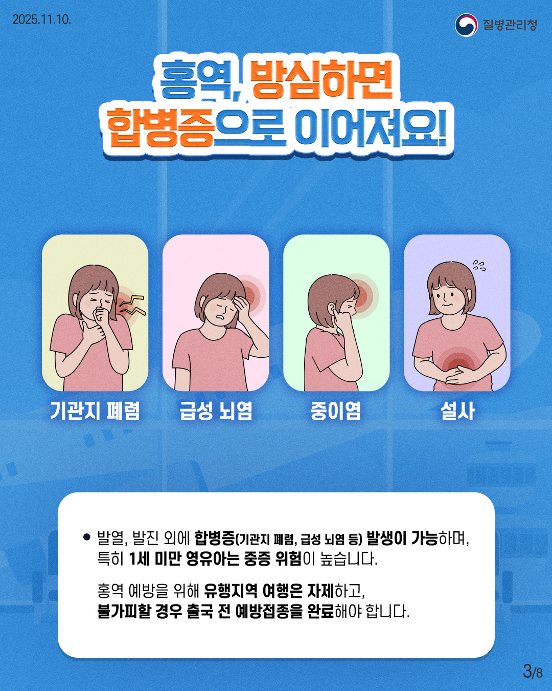 홍역, 방심하면 합병증으로 이어져요!  발열, 발진 외에 합병증(기관지 폐렴, 급성 뇌염 등) 발생이 가능하며, 특히 1세 미만 영유아는 중증 위험이 높습니다.  홍역 예방을 위해 유행지역 여행은 자제하고, 불가피할 경우 출국 전 예방접종을 완료해야 합니다.
