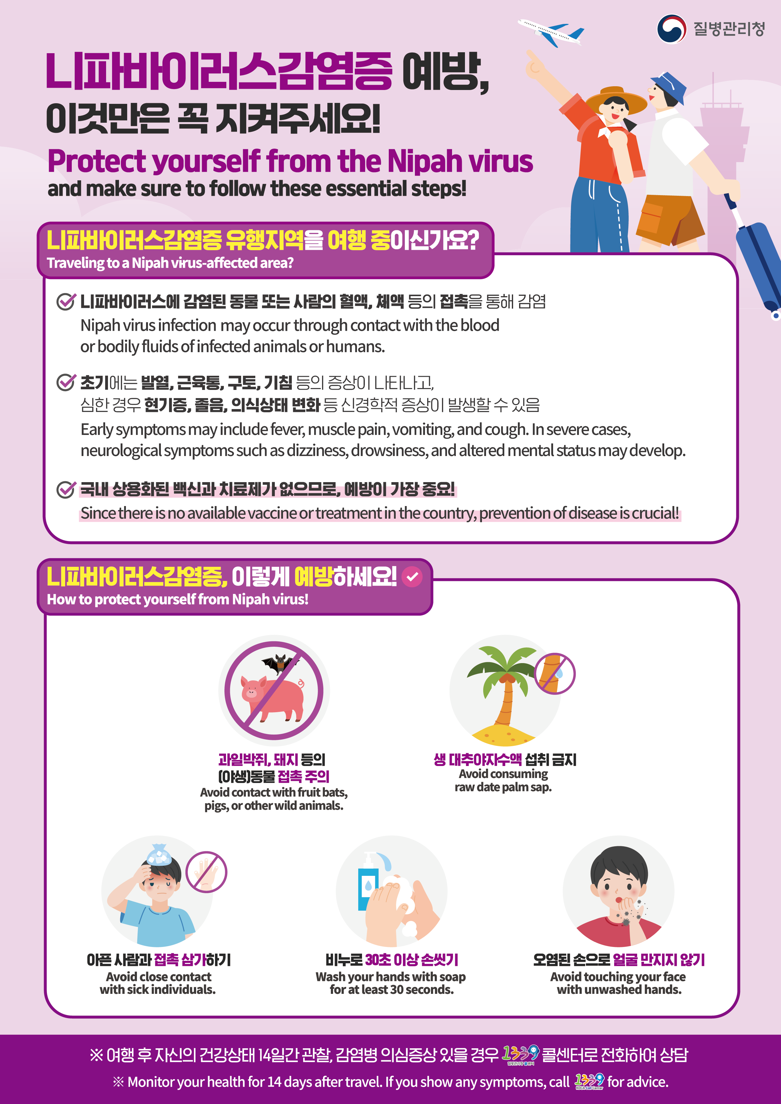 질병관리청  니파바이러스감염증 예방,  이것만은 꼭 지켜주세요!  Protect yourself from the Nipah virus, and make sure to follow these essential steps!   니파바이러스감염증 유행지역을 여행 중이신가요? Traveling to a Nipah virus-affected area?  니파바이러스에 감염된 동물 또는 사람의 혈액, 체액 등의 접촉을 통해 감염 Nipah virus infection may occur through contact with the blood  or bodily fluids of infected animals or humans.  초기에는 발열, 근육통, 구토, 기침 등의 증상이 나타나고, 심한 경우 현기증, 졸음, 의식상태 변화 등 신경학적 증상이 발생할 수 있음 Early symptoms may include fever, muscle pain, vomiting, and cough. In severe cases,  neurological symptoms such as dizziness, drowsiness, and altered mental status may develop.  국내 사용화된 백신과 치료제가 없으므로, 예방이 가장 중요! Since there is no available vaccine or treatment in the country, prevention of disease is crucial!  니파바이러스감염증, 이렇게 예방하세요! How to protect yourself from Nipah virus!  과일박쥐, 돼지 등의 (야생)동물 접촉 주의 Avoid contact with fruit bats, pigs, or other wild animals.  생 대추야자수액 섭취 금지 Avoid consuming raw date palm sap.  아픈 사람과 접촉 삼가하기 Avoid close contact with sick individuals.  비누로 30초 이상 손씻기 Wash your hands with soap for at least 30 seconds.  오염된 손으로 얼굴 만지지 않기 Avoid touching your face with unwashed hands.  ※여행 후 자신의 건강상태 14일간 관찰, 감염병 의심증상 있을 경우 1339 콜센터로 전화하여 상담  ※Monitor your health for 14 days after travel. If you show any symptoms, call 1339 for advice.