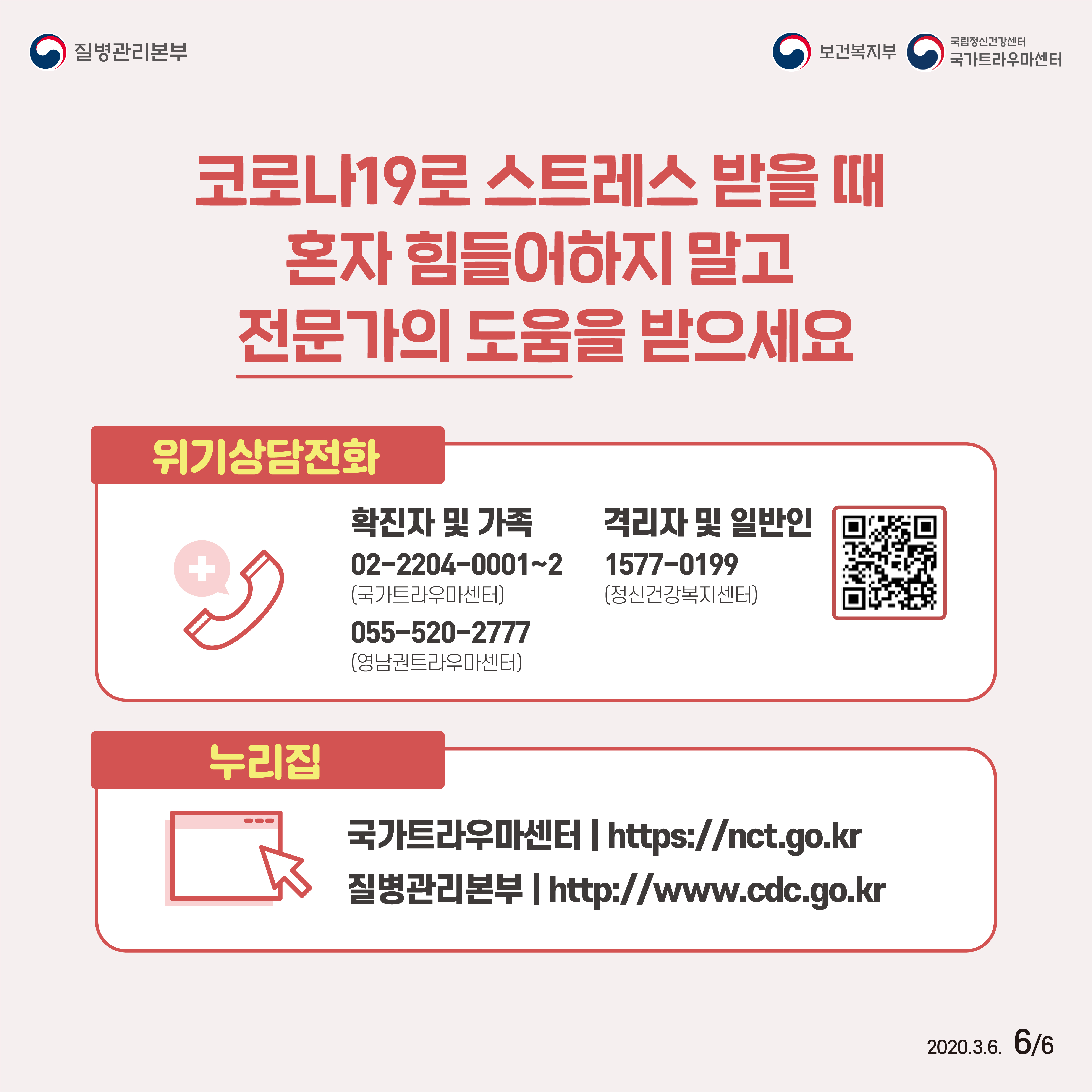 질병관리보본, 보건복지부, 국립정신건강센터 국가트라우마센터 2020년 3월 6일 6페이중 6페이지 코로나19로 스트레스 받을 때 혼자 힘들어하지 말고 전문가의 도움을 받으세요, 위기상담전화 확진자 및 가족 02-2204-0001~2(국가트라우마센터), 055-520-2777(영남권트라우마센터), 격리자 및 일반인, 1577-0199(정신건강복지센터) 누리집 국가트라우마센터 | https://nct.go.kr 질병관리본부 | http://www.kdca.go.kr
