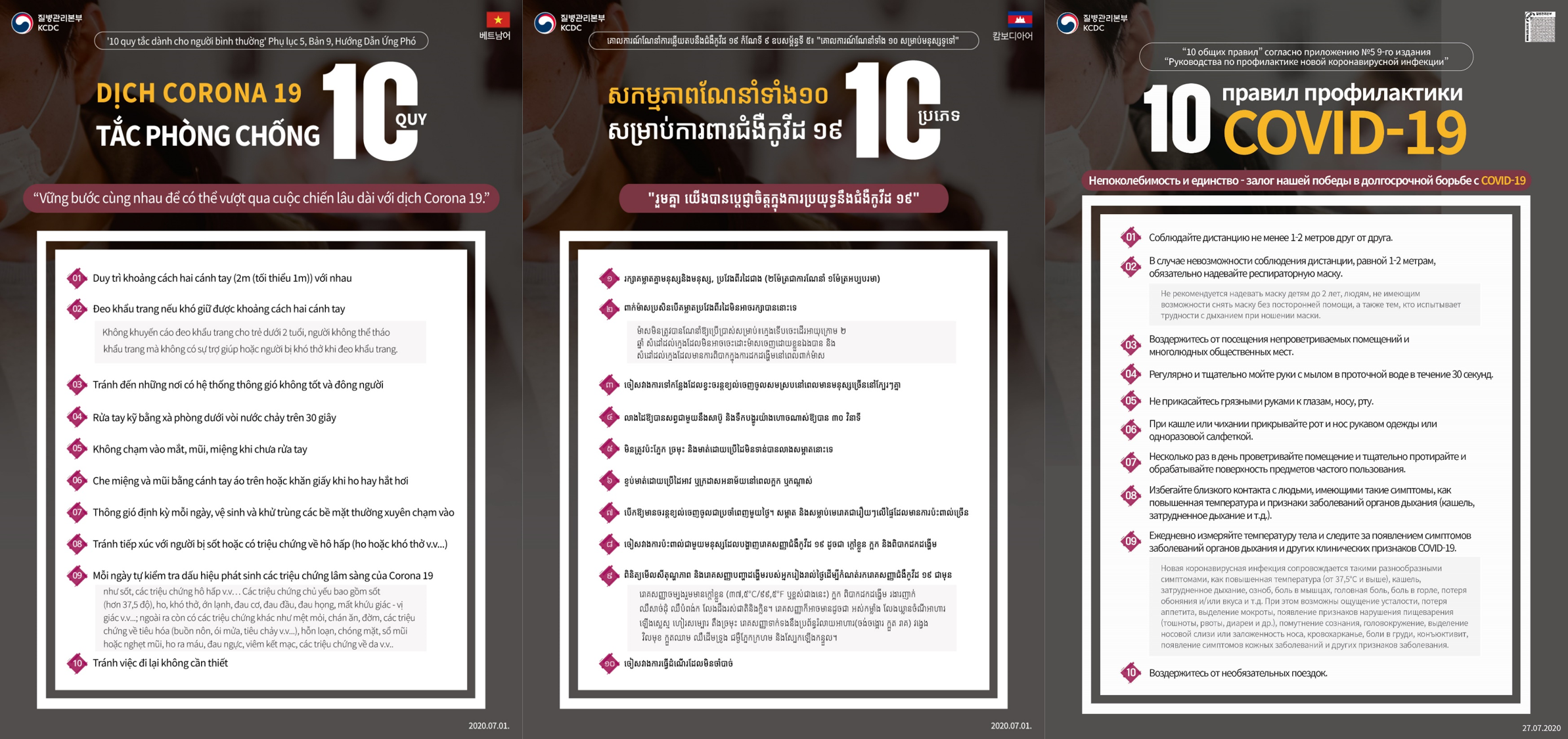 COVID-19 Response Guidelines, 9th Edition, Appendix 5: 10 Guidelines for the General Population 10 COVID-19 Prevention Guidelines Together, we stand resolute in the fight against COVID-19 1. Maintain two arms’ length (2m recommended, 1m minimum) from other people 2. Wear a mask if two arms' length can't be maintained Masks are not recommended for: toddlers under 2 years of age, those who cannot take off a mask without help from others, and those who face difficulties breathing when wearing a mask 3. Refrain from visiting places that lack proper ventilation while many people are in proximity 4. Wash your hands thoroughly with soap and running water for at least 30 seconds 5. Don't touch your eyes, nose, and mouth with unwashed hands 6. Cover your mouth with your sleeve or a tissue when coughing or sneezing 7. Ventilate periodically throughout the day; clean and disinfect frequently touched surfaces 8. Avoid contact with people who display symptoms of COVID-19, such as fever, cough, and difficulty breathing 9. Check your temperature and respiratory symptoms daily to detect COVID-19 clinical symptoms in advance Major symptoms include fever (37.5°C/99.5°F or higher), cough, difficulty breathing, chills, muscle aches, sore throat, loss of taste and smell; symptoms may also include tiredness, loss of appetite, phlegm buildup, runny nose, clogged nose, digestive symptoms (nausea, vomiting, diarrhea), confusion, dizziness, hemoptysis, chest pain, conjunctivitis, and skin rash 10. Refrain from unnecessary travel 2020.7.13.