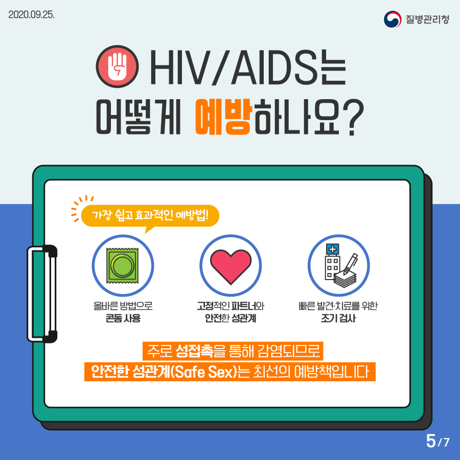 4. HIV/AIDS는 어떻게 예방하나요? 올바른 방법으로 콘돔 사용(가장 쉽고 효과적인 예방법!) 고정적인 파트너와 안전한 성관계 빠른 발견•치료를 위한 조기 검사 주로 성접촉을 통해 감염되므로 안전한 성관계(Safe Sex)는 최선의 예방책입니다