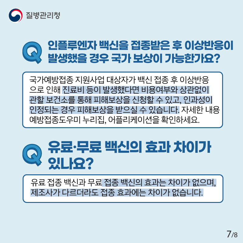 Q 인플루엔자 백신을 접종받은 후 이상반응이 발생했을 경우 국가 보상이 가능한가요? 국가예방접종 지원사업 대상자가 백신 접종 후 이상반응으로 인해 진료비 등이 발생했다면 비용여부와 상관없이 관할 보건소를 통해 피해보상을 신청할 수 있고, 인과성이 인정되는 경우 피해보상을 받으실 수 있습니다. 자세한 내용 예방접종도우미 누리집, 어플리케이션을 확인하세요. Q 유료·무료 백신의 효과 차이가 있나요? 유료 접종 백신과 무료 접종 백신의 효과는 차이가 없으며, 제조사가 다르더라도 접종 효과에는 차이가 없습니다.