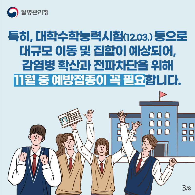 특히, 대학수학능력시험(12.03.) 등으로 대규모 이동 및 집합이 예상되어, 감염병 확산과 전파차단을 위해 11월 중 예방접종이 꼭 필요합니다.