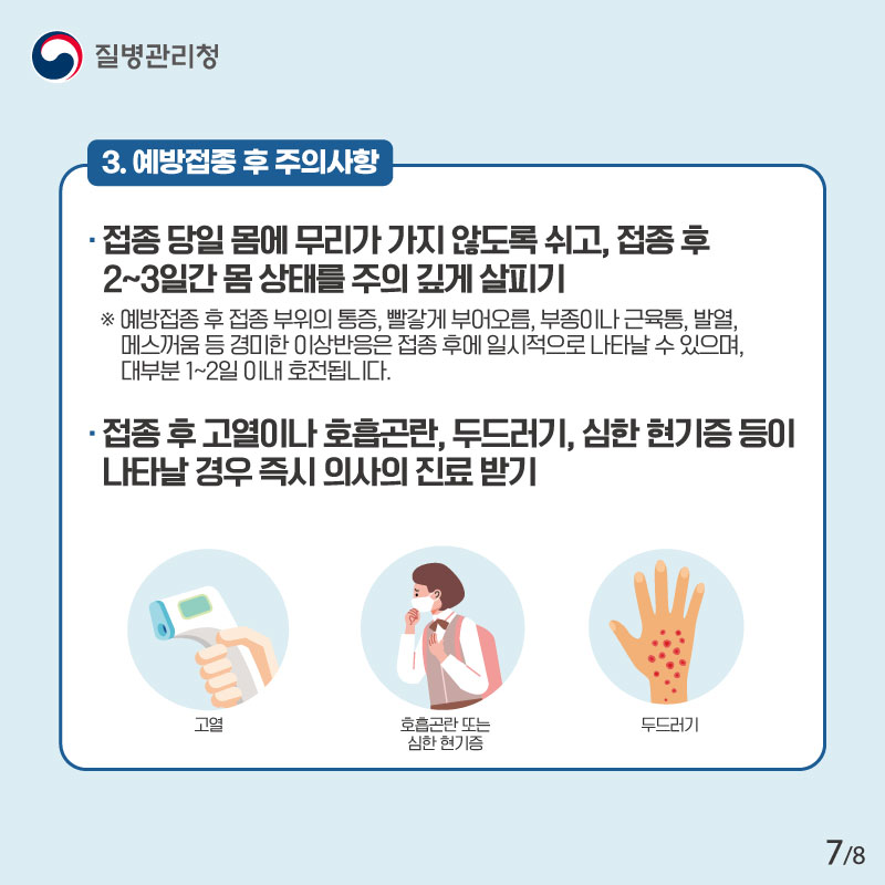 3. 예방접종 후 주의사항 접종 당일 몸에 무리가 가지 않도록 쉬고, 접종 후 2~3일간 몸 상태를 주의 깊게 살피기 예방접종 후 접종 부위의 통증, 빨갛게 부어오름, 부종이나 근육통, 발열, 메스꺼움 등 경미한 이상반응은 접종 후에 일시적으로 나타날 수 있으며, 대부분 1~2일 이내 호전됩니다. 접종 후 고열이나 호흡곤란, 두드러기, 심한 현기증 등이 나타날 경우 즉시 의사의 진료받기