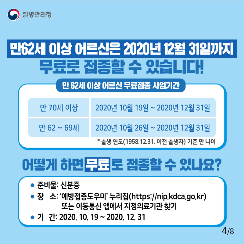 만62세 이상 어르신은 2020년 12월 31일까지 무료접종 할 수 있습니다! <사업기간> 만62세 이상 어르신 무료접종 사업기간 어떻게 하면 무료로 접종할 수 있나요? - 준비물: 신분증 - 장소: ‘예방접종도우미’ 누리집(https://nip.kdca.go.kr) 또는 앱에서 지정의료기관 찾기 - 기간: 2020.10.19.∼2020.12.31. 