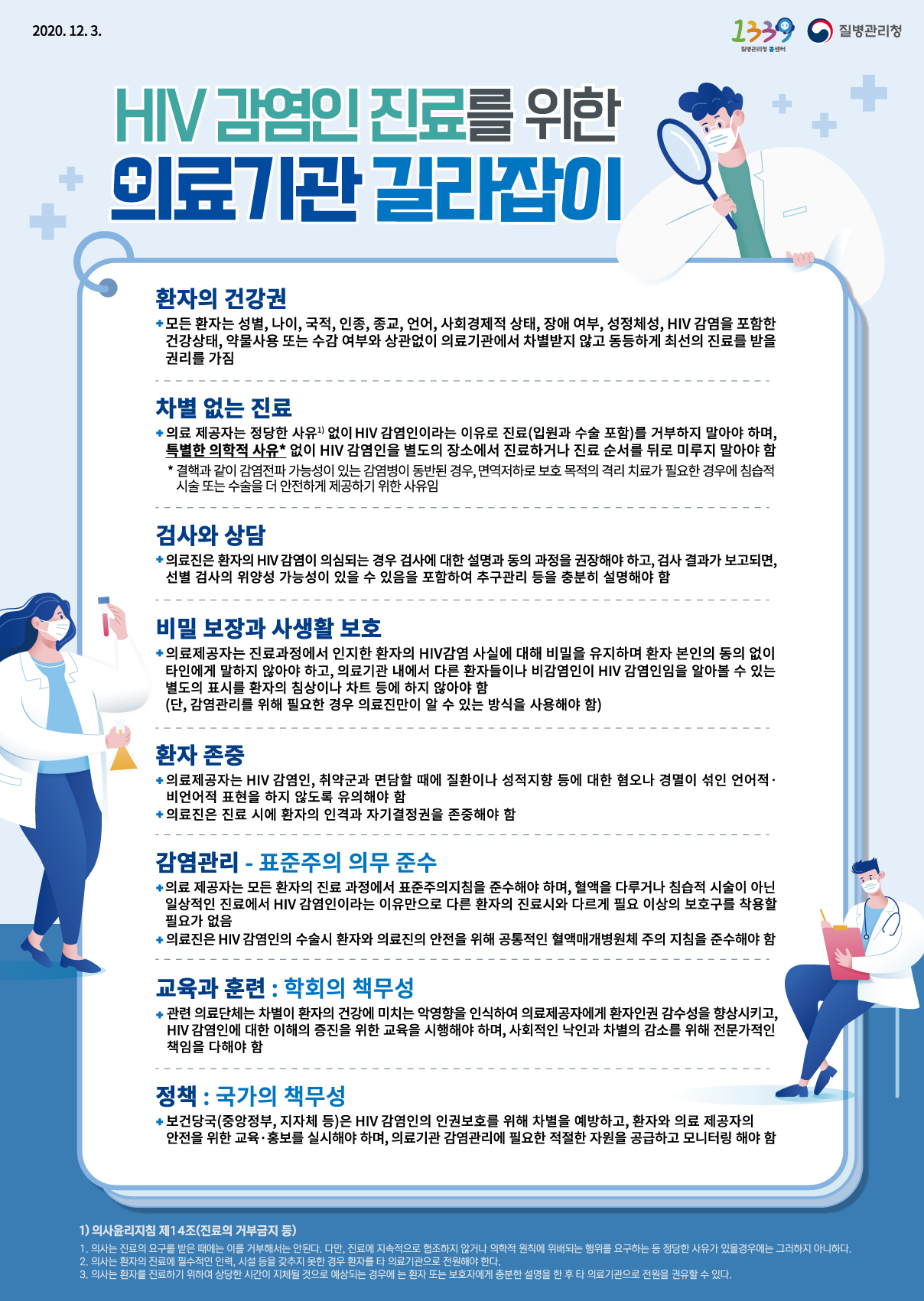 201203 HIV 감염인 진료를 위한 의료기관 길라잡이 환자의 건강권 모든 환자는 성별, 나이, 국적, 인종, 종교, 언어, 사회경제적 상태, 장애 여부, 성정체성, HIV 감염을 포함한 건강상태, 약물사용 또는 수감 여부와 상관없이 의료기관에서 차별받지 않고 동등하게 최선의 진료를 받을 권리를 가짐 차별 없는 진료 의료 제공자는 정당한 사유 의사윤리지침 제14조(진료의 거부금지 등) ① 의사는 진료의 요구를 받은 때에는 이를 거부해서는 안 된다. 다만, 진료에 지속적으로 협조하지 않거나 의학적 원칙에 위배되는 행위를 요구하는 등 정당한 사유가 있을 경우에는 그러하지 아니하다. ➁ 의사는 환자의 진료에 필수적인 인력, 시설 등을 갖추지 못한 경우 환자를 타 의료기관으로 전원해야 한다. ③ 의사는 환자를 진료하기 위하여 상당한 시간이 지체될 것으로 예상되는 경우에는 환자 또는 보호자에게 충분한 설명을 한 후 타 의료기관으로 전원을 권유할 수 있다. 없이 HIV 감염인이라는 이유로 진료(입원과 수술 포함)를 거부하지 말아야 하며, 특별한 의학적 사유* 없이 HIV 감염인을 별도의 장소에서 진료하거나 진료 순서를 뒤로 미루지 말아야 함 * 결핵과 같이 감염전파 가능성이 있는 감염병이 동반된 경우, 면역저하로 보호 목적의 격리 치료가 필요한 경우, 침습적 시술 또는 수술을 더 안전하게 제공하기 위한 사유임 검사와 상담 의료진은 환자의 HIV 감염이 의심되는 경우 검사에 대한 설명과 동의 과정을 권장해야 하고, 검사 결과가 보고되면, 선별 검사의 위양성 가능성이 있을 수 있음을 포함하여 추구관리 등을 충분히 설명해야 함 비밀 보장과 사생활 보호 의료제공자는 진료과정에서 인지한 환자의 HIV 감염 사실에 대해 비밀을 유지하며 환자 본인의 동의 없이 타인에게 말하지 않아야 하고, 의료기관 내에서 다른 환자들이나 비감염인이 HIV 감염인임을 알아볼 수 있는 별도의 표시를 환자의 침상이나 차트 등에 하지 않아야 함 (단, 감염관리를 위해 필요한 경우 의료진만이 알 수 있는 방식을 사용해야 함) 환자 존중 의료제공자는 HIV 감염인, 취약군과 면담할 때에 질환이나 성적지향 등에 대한 혐오나 경멸이 섞인 언어적, 비언어적 표현을 하지 않도록 유의해야 함 의료진은 진료 시에 환자의 인격과 자기결정권을 존중해야 함 감염관리 - 표준주의 의무 준수 의료 제공자는 모든 환자의 진료 과정에서 표준주의지침을 준수해야 하며, 혈액을 다루거나 침습적 시술이 아닌 일상적인 진료에서 HIV 감염인이라는 이유만으로 다른 환자의 진료시와 다르게 필요 이상의 보호구를 착용할 필요가 없음 의료진은 HIV 감염인의 수술시 환자와 의료진의 안전을 위해 공통적인 혈액매개병원체 주의 지침을 준수해야 함 교육과 훈련: 학회의 책무성 관련 의료단체는 차별이 환자의 건강에 미치는 악영향을 인식하여 의료제공자에게 환자인권 감수성을 향상시키고, HIV 감염인에 대한 이해의 증진을 위한 교육을 시행해야 하며, 사회적인 낙인과 차별의 감소를 위해 전문가적인 책임을 다해야 함 정책: 국가의 책무성 보건당국(중앙정부, 지자체 등)은 HIV 감염인의 인권보호를 위해 차별을 예방하고, 환자와 의료 제공자의 안전을 위한 교육·홍보를 실시해야 하며, 의료기관 감염관리에 필요한 적절한 자원을 공급하고 모니터링 해야 함 의사윤리지침 제14조(진료의 거부금지 등) ① 의사는 진료의 요구를 받은 때에는 이를 거부해서는 안 된다. 다만, 진료에 지속적으로 협조하지 않거나 의학적 원칙에 위배되는 행위를 요구하는 등 정당한 사유가 있을 경우에는 그러하지 아니하다. ➁ 의사는 환자의 진료에 필수적인 인력, 시설 등을 갖추지 못한 경우 환자를 타 의료기관으로 전원해야 한다. ③ 의사는 환자를 진료하기 위하여 상당한 시간이 지체될 것으로 예상되는 경우에는 환자 또는 보호자에게 충분한 설명을 한 후 타 의료기관으로 전원을 권유할 수 있다