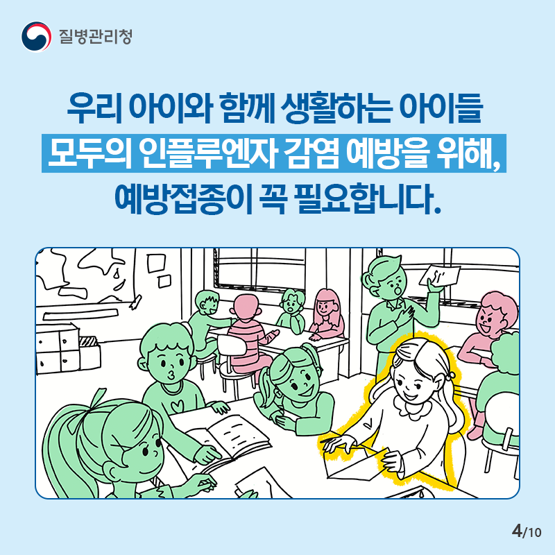 우리 아이와 함께 생활하는 아이들 모두의 인플루엔자 감염 예방을 위해, 예방접종이 꼭 필요합니다.