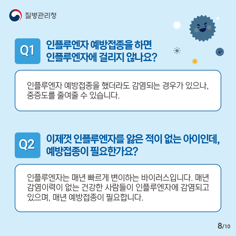 Q1. 인플루엔자 예방접종을 하면 인플루엔자에 걸리지 않나요? - 인플루엔자 예방접종을 했더라도 감염되는 경우가 있으나, 중증도를 줄여줄 수 있습니다. Q2. 이제껏 인플루엔자를 앓은 적이 없는 아이인데, 예방접종이 필요한가요? - 인플루엔자는 매년 빠르게 변이하는 바이러스입니다. 매년 감염이력이 없는 건강한 사람들이 인플루엔자에 감염되고 있으며, 매년 예방접종이 필요합니다. 