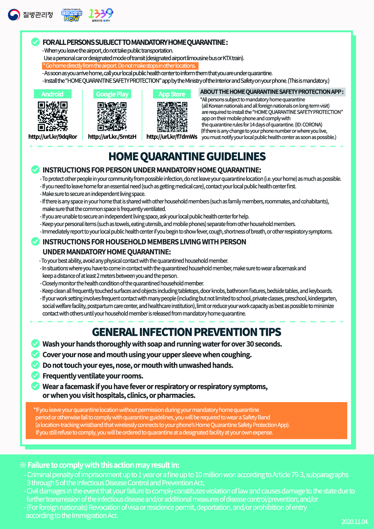 For Entrants to Korea Instructions for Quarantine Subjects April 6. 2020. 1. You should go into quarantine for 14 days following entry to prevent infection with COVID-19 in accordance with the Quarantine Act and the Infectious Disease Control and Prevention Act. 2. Foreign nationals for short-term stay should go into isolation at a facility designated by the Korean government at their own expense and foreigners who are long-term should go into self-quarantine in their homes. Note that those exempted from quarantine among short-term foreigners should undergo the diagnostic tests and be under active surveillance in which designated public officials check on their health conditions for 14 days. *Exempted from isolation: Entrants acquiring pre-approved waiver through the Ministry of Foreign Affairs - Those holding A1 (Diplomat), A2 (Government official), or A3 (Agreement) visa or acquiring “self-quarantine exemption document” in advance of entry issued by the Korean Embassy 3. You must wear a facemask all the time and minimize contact or conversation with others right after arriving at airport.4. The diagnostic tests will be conducted on symptomatic arrivals identified at the quarantine stage and foreigners arriving from Europe, including even asymptomatic ones. The following measures will be taken according to the test results. 5. Asymptomatic entrants from all parts of the world except for Europe should undergo the diagnostic tests when any symptom appears while being quarantined in homes or facilities. 6. When heading to home from airport, using your private car is recommended. If it is not available, you should use specially designated airport limousine bus or KTX (designated cars). You should directly go home and dropping by other places is not allowed. Right after arriving home, quarantine subjects should dial to local health centers and inform them you are under quarantine. 7. Those under facility isolation should move to the designated quarantine facilities by specially designated cars. 8. Self-quarantine subjects are mandated to install the “self-quarantine safety protection app” developed by the Ministry of the Interior and Safety, and follow self-diagnosis and self-quarantine rules for 14 days. <Guideline for Quarantine Subjects> ◇ Guideline for Quarantine Subjects - Refrain from going out of the isolation place to prevent infection from spreading - Self-quarantine subjects should stay in a separate place and common rooms are frequently ventilated - If it is not possible to stay alone in a separate place, ask help from local health centers - In case outing is necessary, such as medical appointment, make sure you contact to local health center first - Avoid sharing your personal items (personal towels, eating utensils, cell phones, etc.) with your family members or housemates - In case of symptoms such as fever, cough, respiratory difficulties, immediately report to the local health center ◇ Guideline for Families and Housemates of Quarantine Subjects - Family members or housemates refrain from contact with self-quarantine subject as much as possible - When contact with the subject is unavoidable, wear a facemask and maintain a 2-meter distance - Closely monitor health condition of self-quarantine subject - Frequently clean commonly touched surfaces including tabletops, door knobs, bathroom fixtures, keyboards, and etc. - If your work involves coming into contact with many people or if you work in a publicly used venue (including but not limited to school, private classes, preschool, kindergarten, social welfare facility, postpartum care center, and healthcare institution), you need to limit or reduce your work capacity as best as possible to minimize contact until the end of the quarantine period. 9. If you do not fully comply with those stated above, you will face up to 1 year in prison or a 10-million won fine in accordance with the relevant laws. In case the infectious disease spreads or additional infection control measure is implemented including facility closure due to violation of the regulations, such violators may be subject to claims for damages. Also, they could face cancellation of visa (residency status), deportation, or ban on reentry into Korea, etc. <Personal Hygiene> - Wash your hands thoroughly with soap and running water for over 30 seconds - Cover your nose and mouth using your upper sleeves when coughing - Do not touch your eyes, nose, or mouth with unwashed hands - Frequently ventilate your rooms - Wear a mask in case any symptom appears including fever, or respiratory symptom, or you visit a medical institution <Usage of self-quarantine safety protection app> *Self-quarantine subjects among entrants from abroad are mandated to install the “self-quarantine safety protection app” developed by the Ministry of the Interior and Safety, and follow self-diagnosis and self-quarantine rules for 14 days. (ID : CORONA)