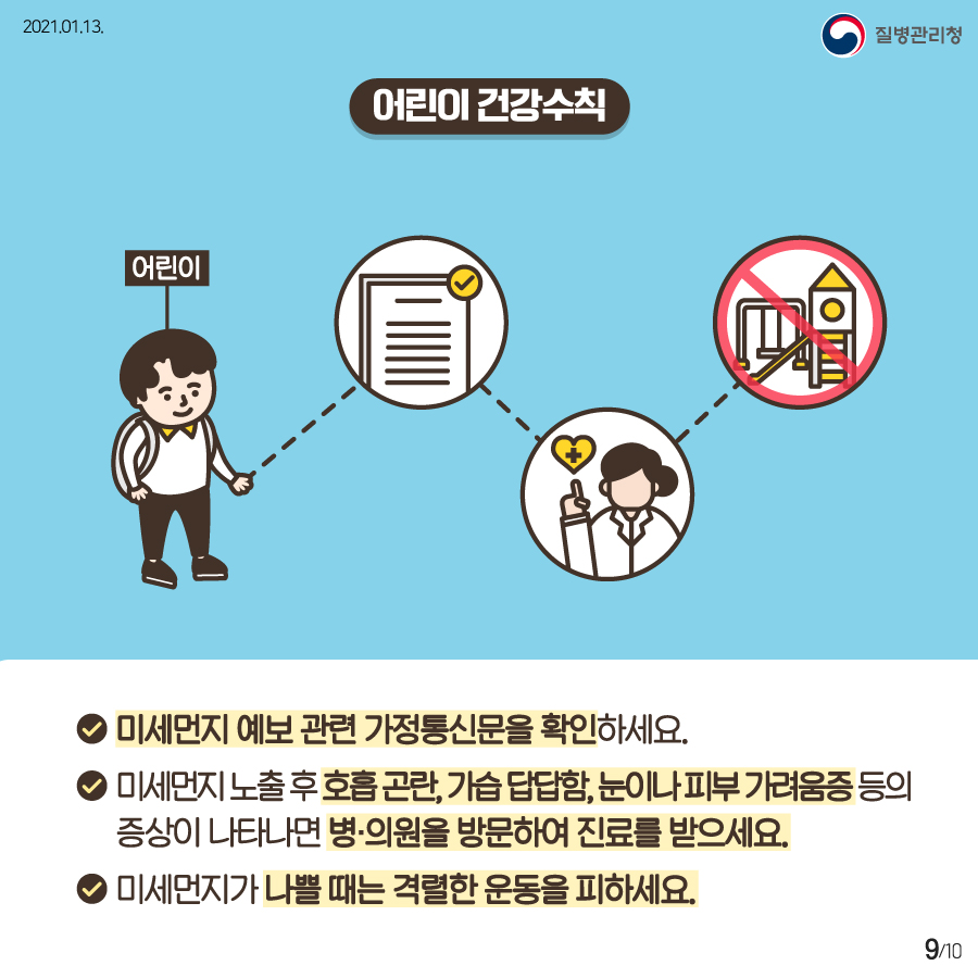 2021년 1월 13일 질병관리청 10페이지 중 9페이지, 미세먼지 예보 관련 가정통신문을 확인하세요. 미세먼지 노출 후 호흡곤란, 가습 답답함, 눈이나 피부 가려움중 등의 증상이 나타나면 병,의원을 방문하여 진료를 받으세요. 미세먼지가 나쁠 때는 격렬한 운동을 피하세요.