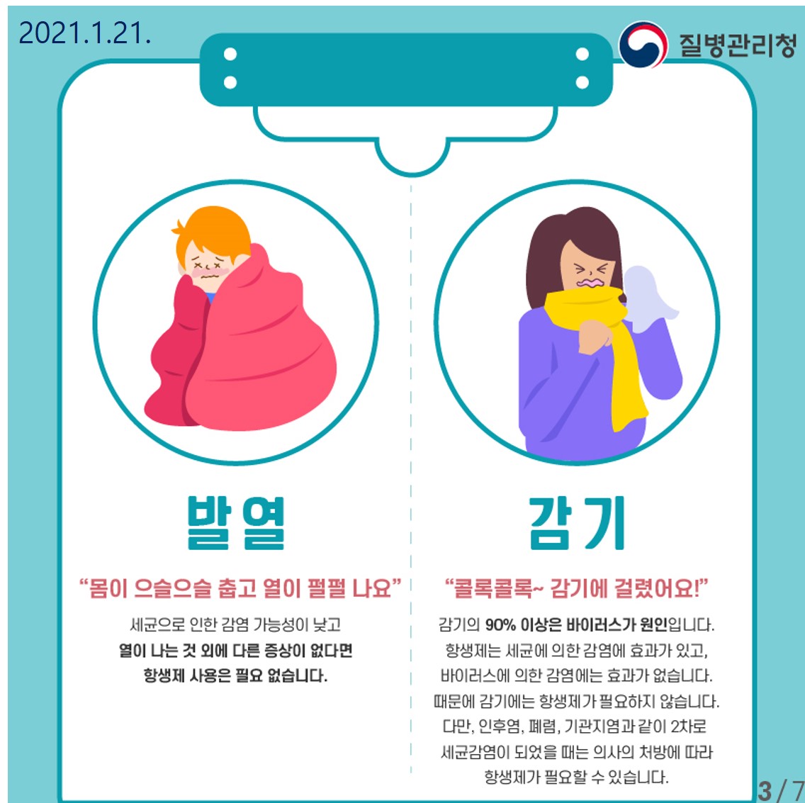 세균으로 발열 : 세균으로 인한 감염 가능성이 낮고, 열이 나는 외 다른 증상이 없다면 항생제 사용은 필요없습니다. 감기: 감기의 90% 이상은 바이러스가 원인입니다. 항생제는 세균에 의한 감염에 효과가 있고, 바이러스에 의한 감염에는 효과가 없습니다. 때문에 감기에는 항생제가 필요하지 않습니다. 다만, 인후염, 폐렴, 기관지염과 같이 2차로 세균감염이 되었을 때는 의사의 처방에 따라 항생제가 필요할 수 있습니다.