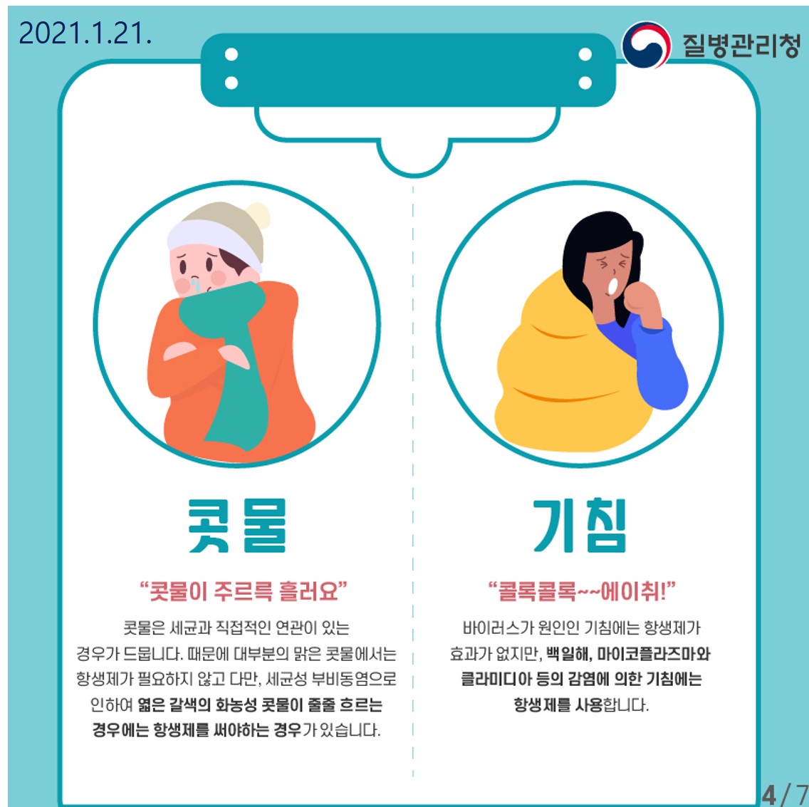 콧물 : 콧물은 세균과 직접적인 연관이 있는 경우가 드뭅니다. 때문에 대부분의 맑은 콧물에서는 항생제가 필요하지 않고 다만, 세균성 부비동염으로 인하여 엷은 갈색의 화농성 콧물이 줄줄 흐르는 경우에는 항생제를 써야하는 경우가 있습니다. 기침 : 바이러스가 원인인 기침에는 항생제가 효과가 없지만, 백일해, 마이코플라즈마와 클라미디아 등의 감염에 의한 기침에는 항생제를 사용합니다.