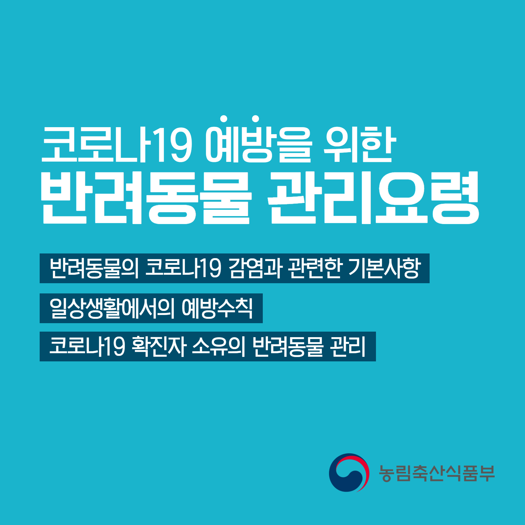 코로나19 예방을 위한 반려동물 관리요령 반려동물의 코로나19 감염과 관련한 기본사항 일상생활에서의 예방수칙 코로나19 확진자 소유의 반려동물 관리