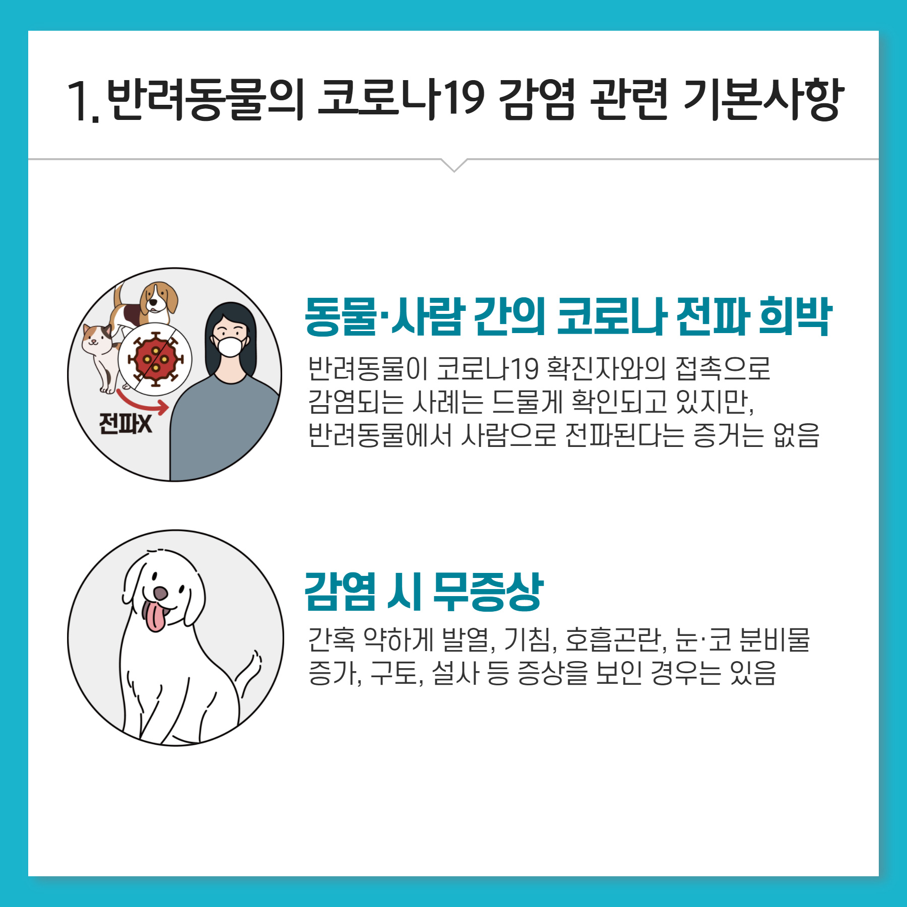 1.반려동물의 코로나19 감염 관련 기본사항 동물 사람간의 코로나 전파 희박 반려동물이 코로나19 확진자와의 접촉으로 감염되는 사례는 드물게 확인되고 있지만, 반려동물에서 사람으로 전파된다는 증거는 없음 감염시 무증상 간혹 약하게 발열, 기침, 호흡곤란, 눈코 분비물 증가, 구토, 설사 등 증상을 보인 경우는 있음