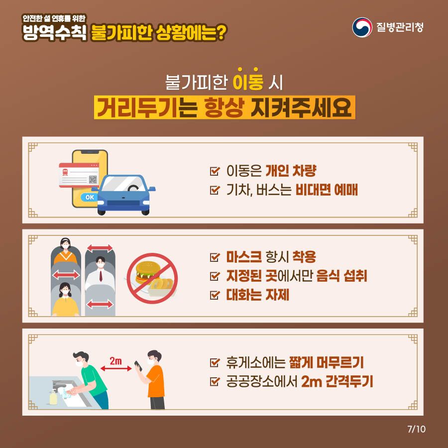 불가피한 상황에서는? 불가피한 이동 시 거리두기는 항상 지켜주세요 이동은 개인 차량 기차, 버스는 비대면 예매 마스크 항시 착용 지정된 곳에서만 음식 섭취 대화는 자제 휴게소에는 짧게 머무르기 공공장소에서 2미터 간격두기