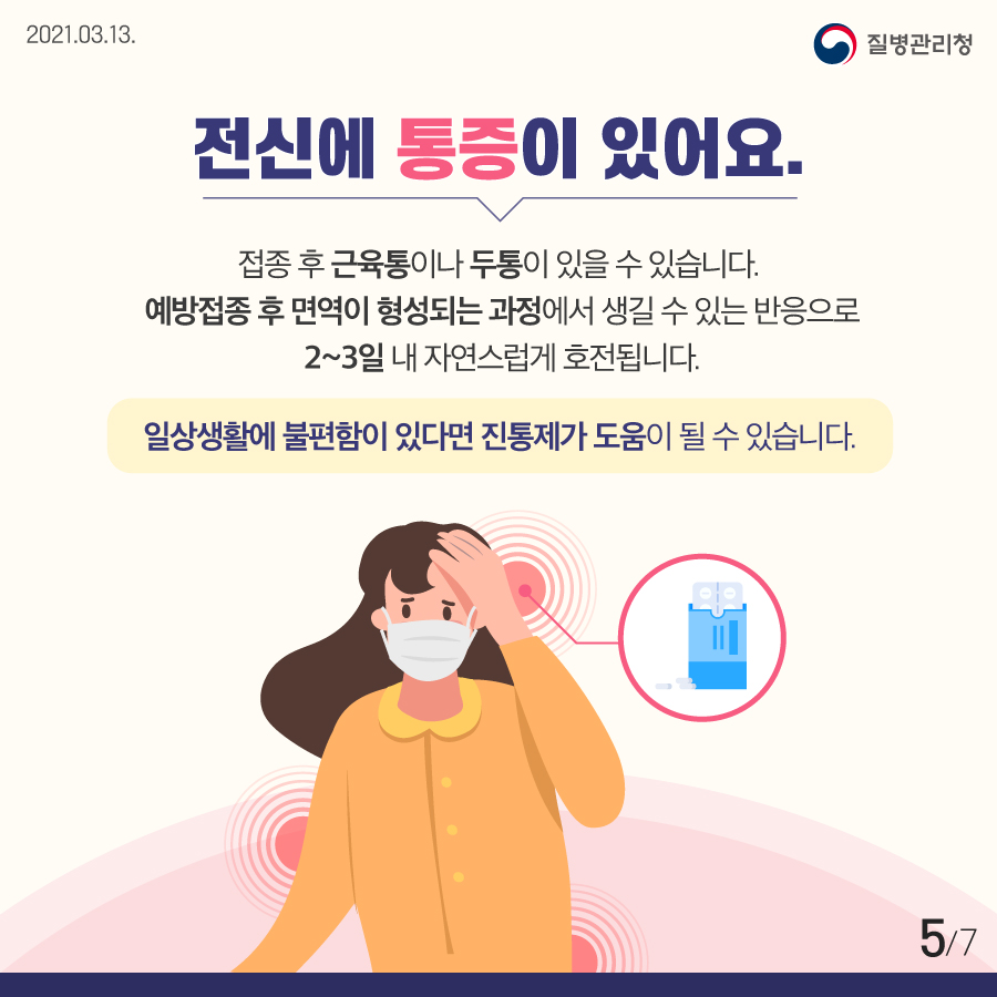 전신에 통증이 있어요. 접종 후 근육통이나 두통이 있을 수 있습니다. 예방접종 후 면역이 형성되는 과정에서 생길 수 있는 반응으로 2~3일 내 자연스럽게 호전됩니다. 일상생활에 불편함이 있다면 진통제가 도움이 될 수 있습니다.