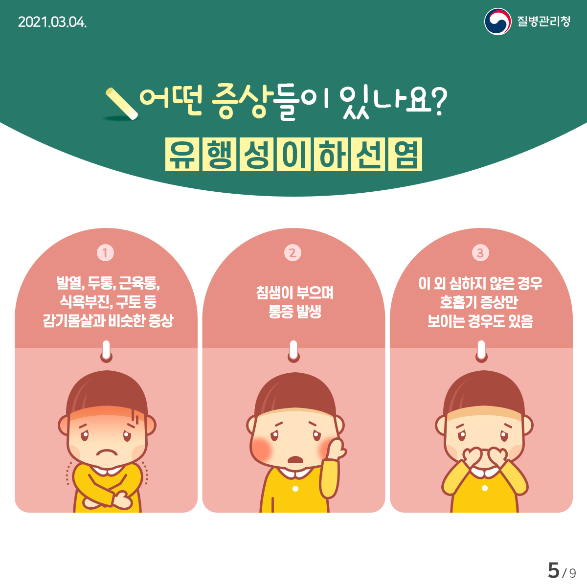 [질병관리청 21년 3월 4일 9페이지 중 5페이지] 어떤 증상들이 있나요? 유행성이하선염, 발열, 두통, 근육통, 식욕부진, 구토 등 감기몸살과 비슷한 증상, 침샘이 부으며 통증 발생, 이 외 심하지 않은 경우, 호흡기 증상만 보이는 경우도 있음