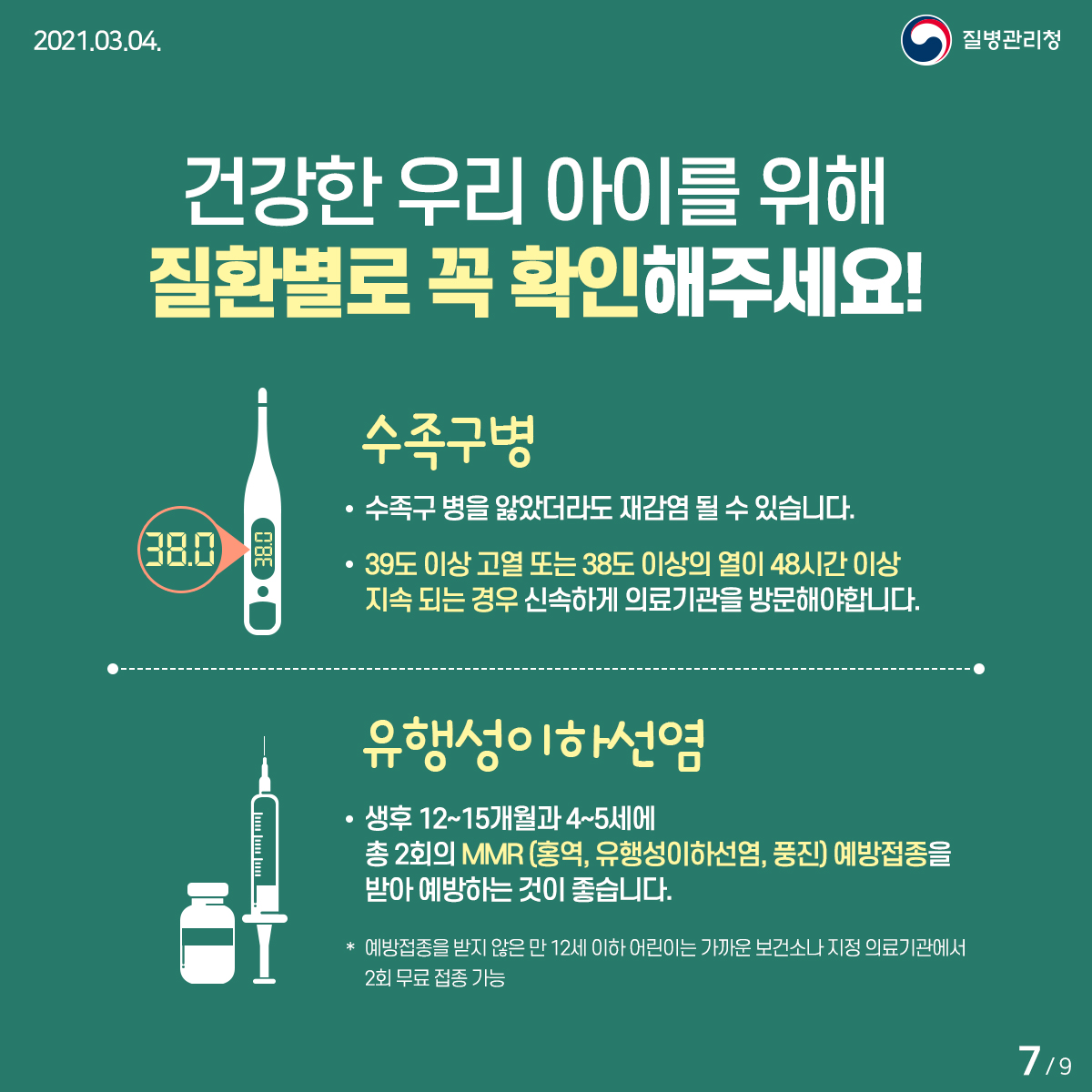 [질병관리청 21년 3월 4일 9페이지 중 7페이지] 건강한 우리 아이를 위해 질환별로 꼭 확인해주세요! 수족구병, - 수족구병을 앓았더라도 재감염 될 수 있습니다. - 39도 이상 고열 또는 38도 이상의 열이 48시간 이상 지속 되는 경우 신속하에 의료기관을 방문해야 합니다., 유행성이하선염, - 생후 12~15개월과 4~5세에 총 2회의 MMR(홍역, 유행성이하선염, 풍진) 예방접종을 받아 예방하는 것이 좋습니다. * 예방접종을 받지 않은 만 12세 이하 어린이는 가까운 보건소나 지정 의료기관에서 2회 무료 접종 가능 