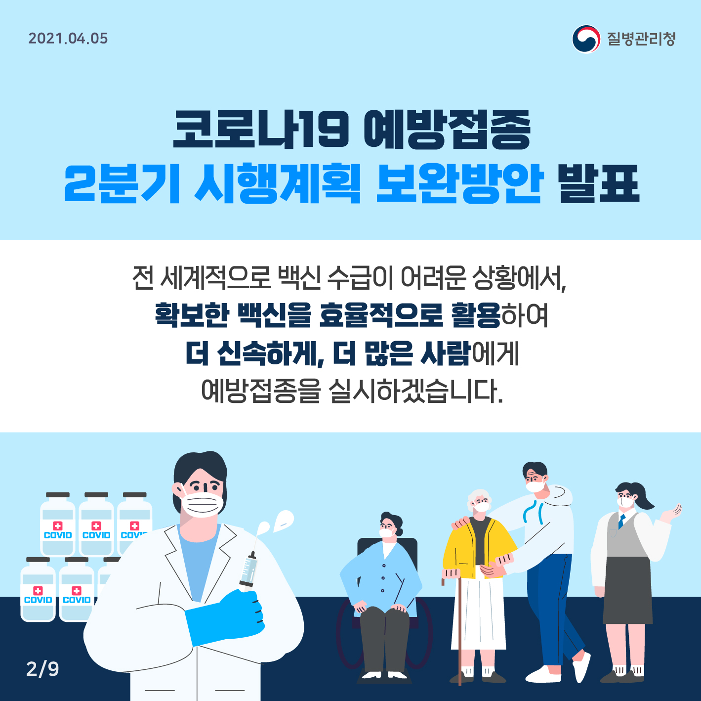 코로나19 예방접종 2분기 시행계획 보완방안 발표 전 세계적으로 백신 수급이 어려운 상황에서, 확보한 백신을 효율적으로 활용하여 더 신속하게, 더 많은 사람에게 예방접종을 실시하겠습니다.