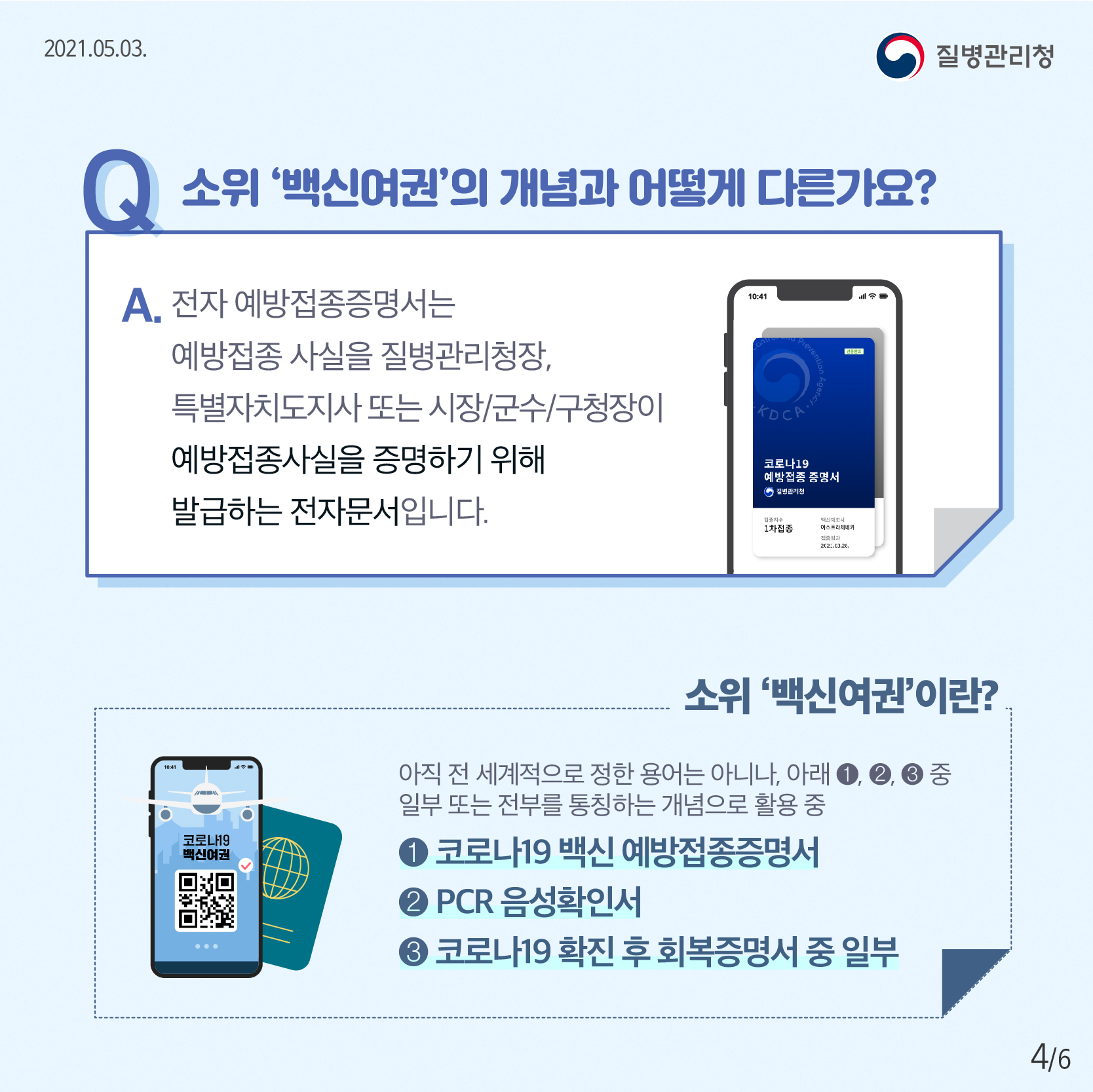 질문 소위 '백신여권'의 개념과 어떻게 다른가요? 대답 전자 예방접종증명서는 예방접종 사실을 질병관리청장, 특별자치도지사 또는 시장, 군수, 구청장이 예방접종사실을 증명하기 위해 발급하는 전자문서입니다. 소위 백신여권이란? 아직 전 세계적으로 정한 용어는 아니나, 아래 세 가지 의미 중 일부 또는 전부 통칭하는 개념으로 활용 중 하나 코로나19 백신 예방접종증명서 둘 PCR 음성확인서 셋 코로나19 확진 후 회복증명서 중 일부