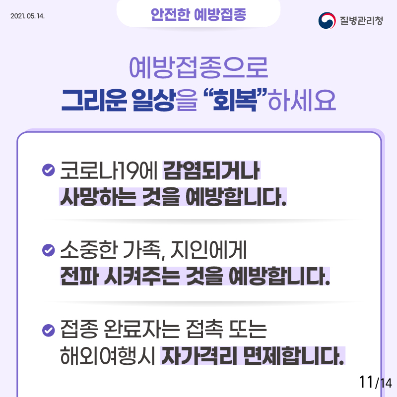 안전한 예방접종 예방접종으로 그리운 일상을 회복하세요 코로나19에 감염되거나 사망하는 것을 예방합니다 소중한 가족, 지인에게 전파 시켜주는 것을 예방합니다 접종 완료자는 접촉 또는 해외여행시 자가격리 면제합니다