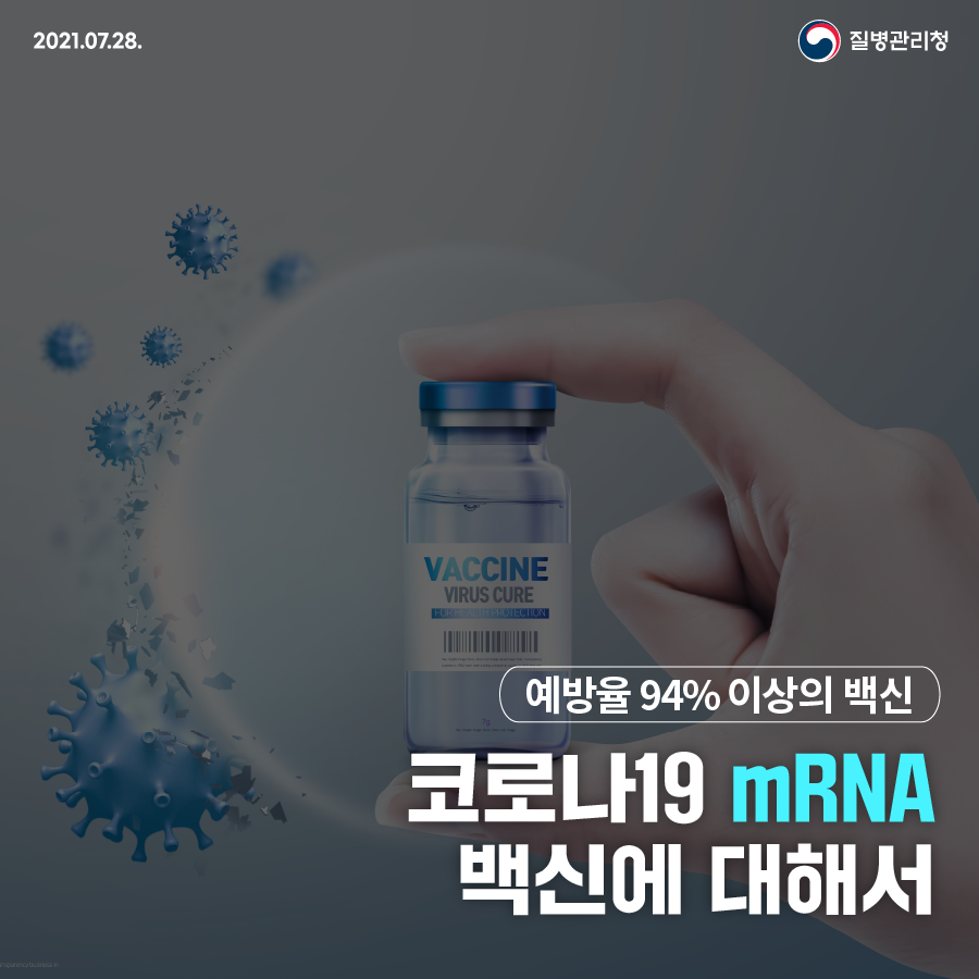 질병관리청 2021.07.28. 예방률 94% 이상의 백신 코로나19 mRNA 백신에 대해서 -화이자/모더나 편