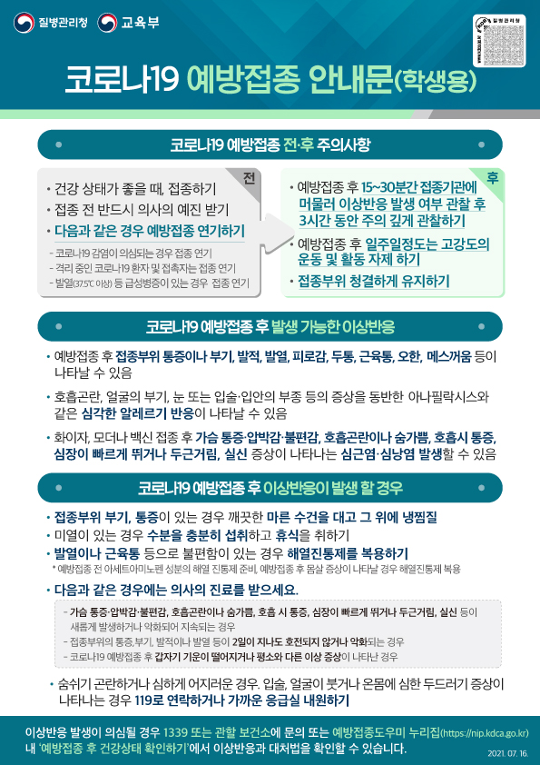 코로나19 예방접종 안내문 (학생용) 코로나19 예방접종 전후 주의사항 예방접종 전 건강 상태가 좋을 때, 접종하기 접종 전 반드시 의사의 예진 받기 다음과 같은 경우 예방접종 연기하기 코로나19 감염이 의심되는 경우 접종 연기 격리 중인 코로나19 환자 및 접촉자는 접종 연기 발열(37.5도 이상) 등 급성 병증이 있는 경우 접종 연기 예방접종 후 15~30분간 접종기관에 머물러 이상반응 발생 여부 관찰 후 3시간 동안 주의 깊게 관찰하기 예방접종 후 일주일 정도는 고강도의 운동 및 활동 자제하기 접종 부위 청결하게 유지하기 코로나19 예방접종 후 발생 가능한 이상반응 예방접종 후 접종 부위 통증이나 부기, 발적, 발열, 피로감, 두통, 근육통, 오한, 메스꺼움 등이 나타날 수 있음 호흡곤란, 얼굴의 부기, 눈 또는 입술, 입안의 부종 등의 증상을 동반한 아나필락시스와 같은 심각한 알레르기 반응이 나타날 수 있음 화이자, 모더나 백신 접종 후 가슴 통증 압박감 불편감, 호흡곤란이나 숨가쁨, 호흡시 통증, 심장이 빠르게 뛰거나 두근거림, 실신 증상이 나타나는 심근염 심낭염 발생할 수 있음 코로나19 예방접종 후 이상반응이 발생할 경우 접종 부위 부기, 통증이 있는 경우 깨끗한 마른 수건을 대고 그 위에 냉찜질 미열이 있는 경우 수분을 충분히 섭취하고 휴식을 취하기 발열이나 근육통 등으로 불편함이 있는 경우 해열진통제를 복용하기 예방접종 전 아세트아미노펜 성분의 해열 진통제 준비, 예방접종 후 몸살 증상이 나타날 경우 해열진통제 복용 다음과 같은 경우에는 의사의 진료를 받으세요. 가슴 통증, 압박, 불편감, 호흡곤란이나 숨 가쁨, 호흡 시 통증, 심장이 빠르게 뛰거나 두근거림, 실신 등이 새롭게 발생하거나 악화되어 지속되는 경우 접종 부위의 통증, 부기, 발적이나 발열 등이 2일이 지나도 호전되지 않거나 악화되는 경우 코로나19 예방접종 후 갑자기 기운이 떨어지거나 평소와 다른 이상 증상이 나타난 경우 숨쉬기 곤란하거나 심하게 어지러운 경우, 입술, 얼굴이 붓거나 온몸에 심한 두드러기 증상이 나타나는 경우 119로 연락하거나 가까운 응급실 내원하기 이상반응 발생이 의심될 경우 1339 또는 관할 보건소에 문의 또는 예방접종도우미 누리집 내 예방접종 후 건강 상태 확인하기에서 이상반응과 대처법을 확인할 수 있습니다.