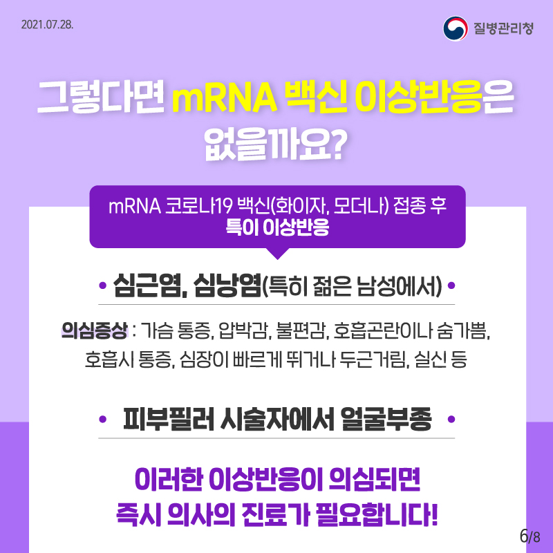 질병관리청 2021.07.28. 그렇다면 mRNA 백신 이상반응은 없을까요? mRNA 코로나19 백신(화이자, 모더나) 접종 후 특이 이상반응 심근염, 심낭염(특히 젊은 남성에서) 가슴 통증, 압박감, 불편감, 호흡곤란이나 숨가쁨, 호흡 시 통증, 심장이 빠르게 뛰거나 두근거림, 실신 등 피부필러 시술자에서 얼굴부종 이러한 이상반응이 의심되면 즉시 의사의 진료가 필요합니다!