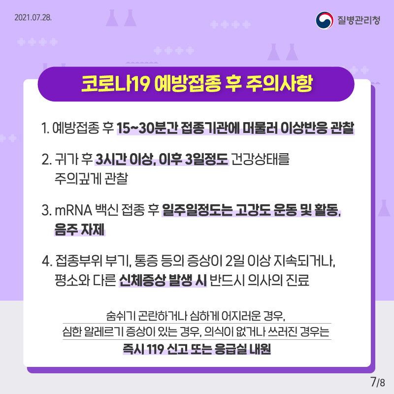 질병관리청 2021.07.28. 코로나19 예방접종 후 주의사항 1. 예방접종 후 15~30분 간 접종기간에 머물러 이상반응 관찰 2. 귀가 후 3시간 이상, 이후 3일정도 건강상태 주의깊게 관찰 3.mRNA 백신 접종 후 일주일 정도는 고강도 운동 및 활동, 음주 자제 4. 접종부위 부기, 통증 등이 증상이 2일 이상 지속되거나, 평소와 다른 신체증상 발생 시 반드시 의사의 진료 숨쉬기 곤란하거나 심하게 어지러운 경우, 심한 알레르기 증상이 있는 경우, 의식이 없거나 쓰러진 경우는 즉시 119신고 또는 응급실 내원