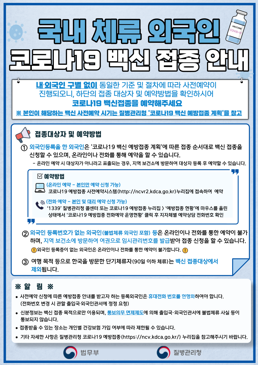 국내 체류 외국인 코로나19 백신 접종 안내 내외국인 구별 없이 동일한 기준 및 절차에 따라 사전예약이 진행되오니, 하단의 접종 대상자 및 예약방법을 확인하시어 코로나19 백신접종을 예약해주세요 본인이 해당하는 백신 사전예약 시기는 질병관리청 코로나19 백신 예약접종 계획을 참고 접종대상자 및 예약방법 1. 외국인등록을 한 외국인은 코로나19 백신 예방접종 계획에 따른 접종 순서대로 백신 접종을 신청할 수 있으며 온라인이나 전화를 통해 예약할 수 있습니다. 온라인 예약 시 대상자가 아니라고 표출되는 경우 지역 보건소에 방문하여 대상자 등록 후 예약할 수 있습니다. 예약방법 (온라인예약- 본인만 예약 신청 가능) 코로나19 예방접종 사전예약시스템 http://ncvr2.kdca.go.kr 누리집에 접속하여 예약 (전화 예약- 본인 및 대리 예약 신청 가능) 1339 질병관리청 콜센터 또는 코로나19 예방접종 누리집 > 예방접종 현황에 마우스 올린 상태에서 코로나19 예방접종 전화예약 운영현황 클릭 후 지자체별 예약상담 전화번호 확인 2. 외국인 등록번호가 없는 외국인(불법체류 외국인 포함) 등은 온라인이나 전화를 통한 예약이 불가하며, 지역 보건소에 방문하여 여권으로 임시관리번호를 발급받아 접종 신청 할 수 있습니다. 외국인 등록증이 없는 외국인은 온라인이나 전화를 통한 예약이 불가합니다. 3. 여행 목적 등으로 한국을 방문한 단기체류자(90일 이하 체류)는 백신 접종대상에서 제외됩니다. 알림 사전예약 신청에 따른 예약접종 안내를 받고자 하는 등록 외국인은 휴대전화 번호를 현행화하여야 합니다. 전화번호 변경 시 관할 출입국 외국인 관서에 정정 요청 신분 정보는 백신 접종 목적으로만 이용되며, 통보의무 면제제도에 의해 출입국 외국인 관서에 불법체류 사실 등이 통보되지 않습니다. 접종받을 수 있는 장소는 개인별 건강보험 가입 여부에 따라 제한될 수 있습니다. 기타 자세한 사항은 질병관리청 코로나19 예방접종(https://ncv.kdca.go.kr) 누리집을 참고해주시기 바랍니다.