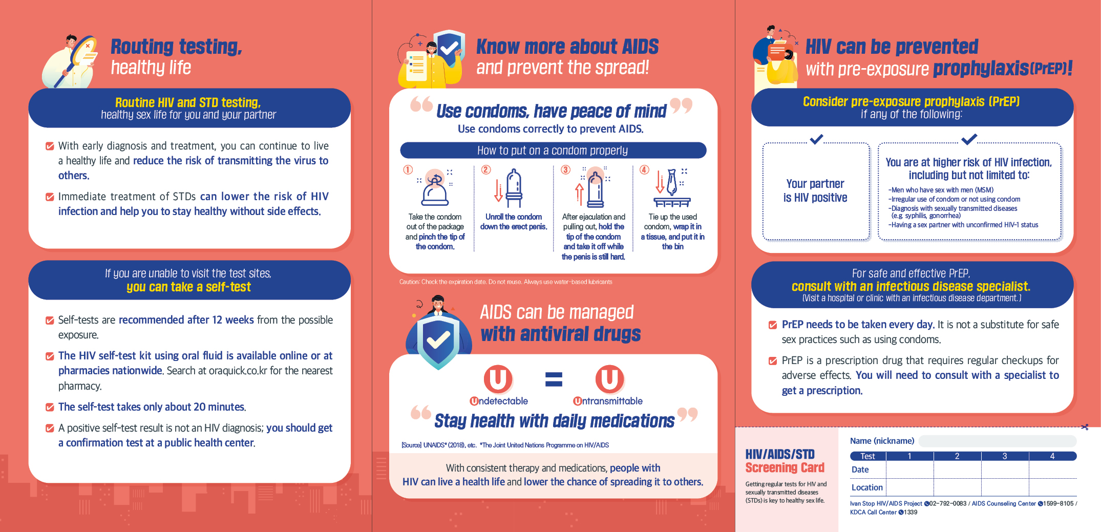 +Pre-exposure prophylaxis (PrEP) / routine testing Are you worried about HIV/AIDS? The risk is not knowing. Free, anonymous testing available at public health centers nationwide Early diagnosis means 1 Timely treatment and healthy life 2 Protecting others from further transmission 3 No more uncertainty and unknown risk HIV testing and follow-up process To ensure accuracy, it is recommended that you take a screening test* about four weeks after possible exposure to HIV/AIDS. Around 4 weeks after possible exposure Screening test Negative After 6 weeks from the date of possible exposure Enzyme immunoassay (EIA) After 12 weeks from the date of possible exposure Other test methods Positive Confirmation test and diagnosis * If the test result is negative, a retest will be needed to rule out the possibility of a false negative. Contact the AIDS Counseling Center (1599-8105 / aids114.or.kr) if you have any questions about HIV/AIDS. Routing testing, healthy life. Routine HIV and STD testing, healthy sex life for you and your partner. With early diagnosis and treatment, you can continue to live a healthy life and reduce the risk of transmitting virus to others. Immediate treatment of STDs can lower the risk of HIV infection and help you to stay healthy without side effects. If you are unable to visit the test sites, you can take a self-test. Self-tests are recommended after 12 weeks from the possible exposure. The HIV self-test kit using oral fluid is available online or at pharmacies nationwide. Search at oraquick.co.kr for the nearest pharmacy. The self-test takes only about 20 minutes. A positive self-test result is not an HIV diagnosis; you should get a confirmation test at a public health center. Know more about AIDS and prevent the spread! Use condoms, have peace of mind. Use condoms correctly to prevent AIDS. How to put on a condom properly 1 Take the condom out of the package and pinch the tip of the condom. 2 Unroll the condom down the erect penis. 3 After ejaculation and pulling out, hold the tip of the condom and take it off while the penis is still hard. 4 Tie up the used condom, wrap it in a tissue, and put it in the bin. Caution: Check the expiration date. Do not reuse. Always use water-based lubricants. AIDS can be managed with antiviral drugs. U=U, Undetectable = Untransmittable Stay health with daily medications [Source] UNAIDS* (2018), etc. *The Joint United Nations Programme on HIV/AIDS With consistent therapy and medications, people with HIV can live a health life and lower the chance of spreading it to others. HIV can be prevented with pre-exposure prophylaxis (PrEP)! Consider pre-exposure prophylaxis (PrEP) if any of the following: Your partner is HIV positive. You are at higher risk of HIV infection, including but not limited to: -Men who have sex with men (MSM) -Irregular use of condom or not using condom -Diagnosis with sexually transmitted diseases (e.g. syphilis, gonorrhea), -Having a sex partner with unconfirmed HIV-1 status. For safe and effective PrEP, consult with an infectious disease specialist. (Visit a hospital or clinic with an infectious disease department.) PrEP needs to be taken every day. It is not a substitute for safe sex practices such as using condoms. PrEP is a preion drug that requires regular checkups for adverse effects. You will need to consult with a specialist to get a preion. HIV/AIDS/STD Screening Card Getting regular tests for HIV and sexually transmitted diseases (STDs) is key to healthy sex life. Name (or nickname) Test 1 2 3 4 Date Location Ivan Stop HIV/AIDS Project 02-792-0083 / AIDS Counseling Center 1599-8105 / KDCA Call Center 1339 Regular HIV testing, a habit for a healthy sex life. Early diagnosis enables timely and appropriate treatment. Get tested regularly and stay healthy. AIDS Counseling Center 1599-8105 aids114.or.kr Ivan Stop HIV/AIDS Project 02-792-0083 ishap.org Foreigner Screening Center 02-927-4322 khap.org Date : 2021.10.20