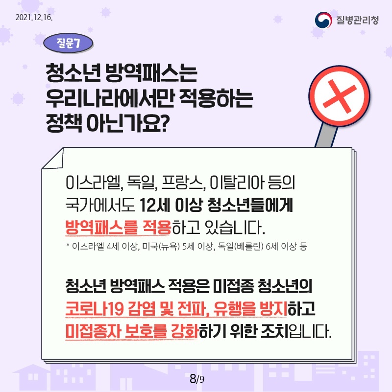 질문7. 청소년 방역패스는 우리나라에서만 적용하는 정책 아닌가요? 정답. X 이스라엘, 독일, 프랑스, 이탈리아 등의 국가에서도 12세 이상 청소년들에게 방역패스를 적용하고 있습니다. * 이스라엘 4세 이상, 미국(뉴욕) 5세 이상, 독일(베를린) 6세 이상 등. 청소년 방역패스 적용은 미접종 청소년의 코로나19 감염 및 전파, 유행을 방지하고 미접종자 보호를 강화하기 위한 조치입니다. 