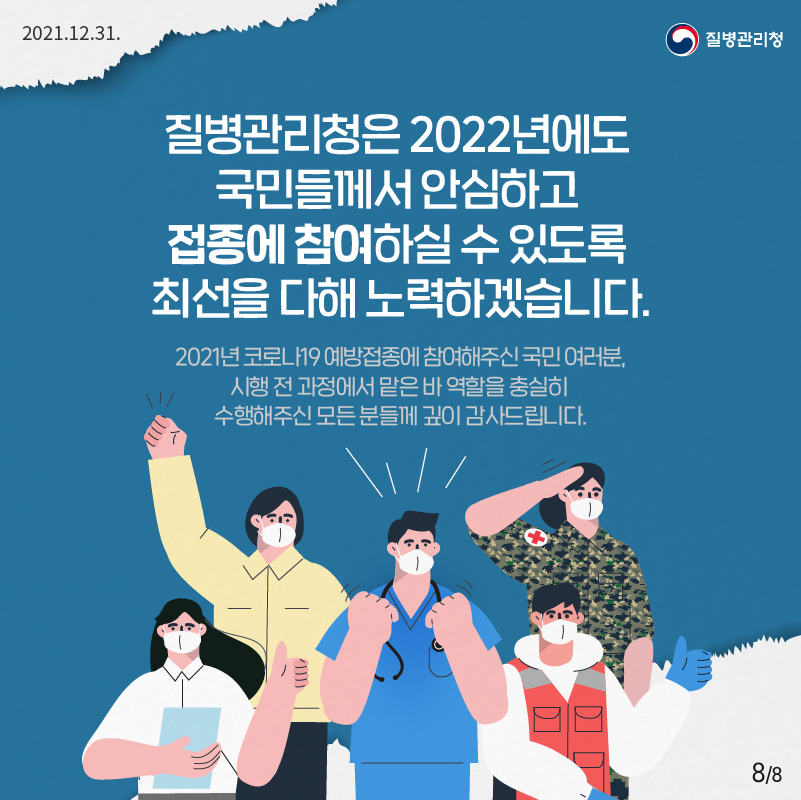 2021.12.31 질병관리청 질병관리청은 2022년에도 국민들께서 안심하고 접종에 참여하실 수 있도록 최선을 다해 노력하겠습니다. 2021년 코로나19 예방접종에 참여해주신 국민 여러분, 시행 전 과정에서 맡은 바 역할을 충실히 수행해주신 모든 분들께 깊이 감사드립니다.