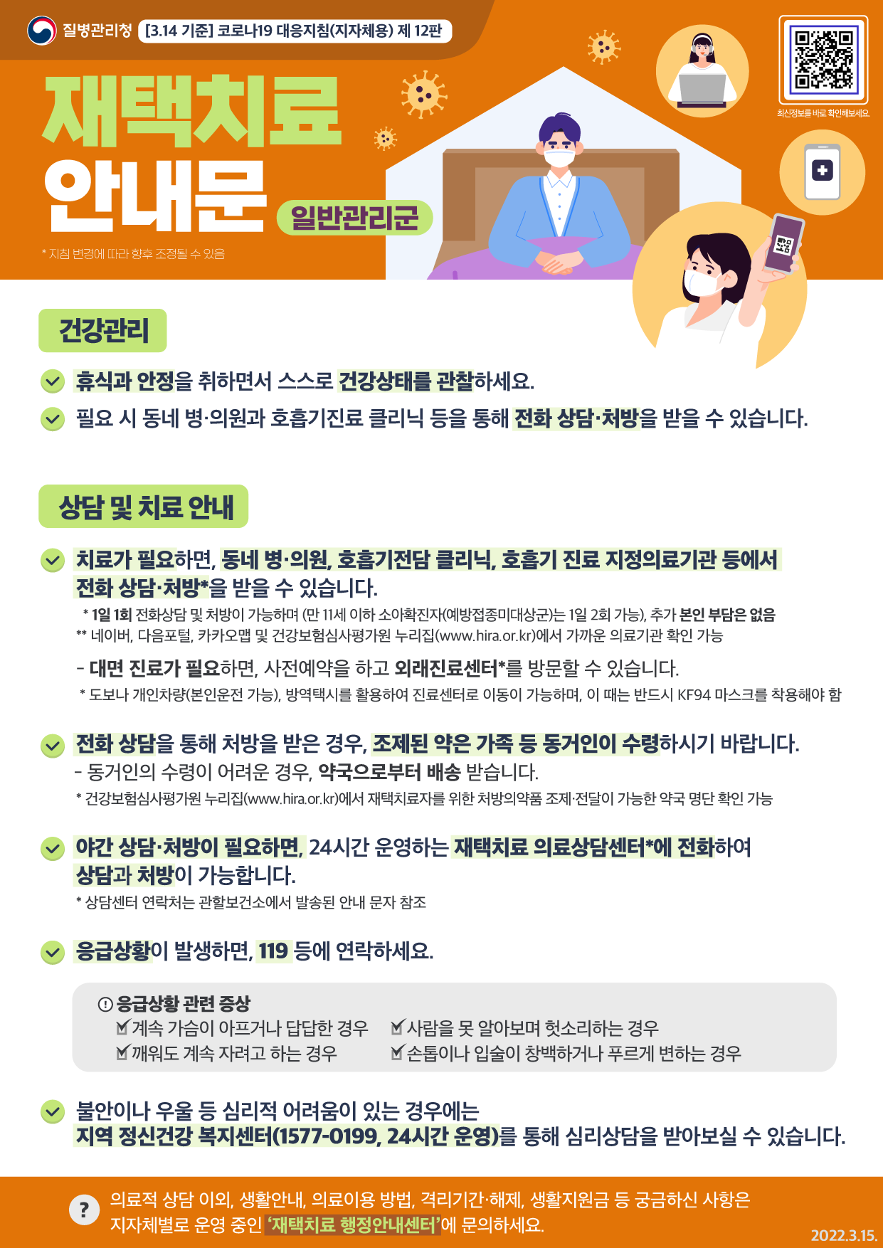 [질병관리청 / 코로나19 대응지침(지자체용) 제 12판(3.14.기준)] 재택치료안내문(일반관리군). □(건강 관리). ㅇ 휴식과 안정을 취하면서 스스로 건강상태를 관찰하세요. ㅇ 필요 시 동네 병‧의원과 호흡기진료 클리닉 틍을 통해 전화 상담‧처방을 받을 수 있습니다. 상담 및 치료 안내. ㅇ 치료가 필요하면, 동네 병‧의원, 호흡기전담 클리닉, 호흡기 진료 지정의료기관 등에서 전화 상담‧처방*을 받을 수 있습니다. * 1일 1회 전화상담 및 처방이 가능하며(만 11세 이하 소아확진자(예방접종미대상군)는 1일 2회 가능), 추가 본인 부담은 없음. ** 네이버, 다음포털, 카카오맵 및 건강보험심사평가원 누리집(www.hira.or.kr)에서 가까운 의료기관 확인 가능. - 대면 진료가 필요하면, 사전예약을 하고 외래진료센터*를 방문할 수 있습니다. * 도보나 개인차량(본인운전 가능), 방역택시를 활용하여 진료센터로 이동이 가능하며, 이 때는 반드시 KF94 마스크를 착용해야 함. ㅇ 전화 상담을 통해 처방을 받은 경우, 조제된 약은 가족 등 동거인이 수령하시기 바랍니다. - 동거인의 수령이 어려운 경우, 약국으로부터 배송 받습니다. * 건강보험심사평가원 누리집(www.hira.or.kr)에서 재택치료자를 위한 처방의약품 조제·전달이 가능한 약국 명단 확인 가능. ㅇ 야간 상담‧처방이 필요하면, 24시간 운영하는 재택치료 의료상담센터*에 전화하여 상담과 처방이 가능합니다. * 상담센터 연락처는 관할보건소에서 발송된 안내 문자 참조. ㅇ 응급상황이 발생하면, 119 등에 연락하세요. ※ 응급상황 관련 증상. 계속 가슴이 아프거나 답답한 경우. 사람을 못 알아보며 헛소리하는 경우. 깨워도 계속 자려고 하는 경우. 손톱이나 입술이 창백하거나 푸르게 변하는 경우. ㅇ 불안이나 우울 등 심리적 어려움이 있는 경우에는 지역 정신건강복지센터(1577-0199, 24시 운영)를 통해 심리상담을 받아보실 수 있습니다. 의료적 상담 이외, 생활안내, 의료이용 방법, 격리기간‧해제, 생활지원금 등 궁금하신 사항은 지자체별로 운영 중인 ‘재택치료 행정안내센터’에 문의하세요.