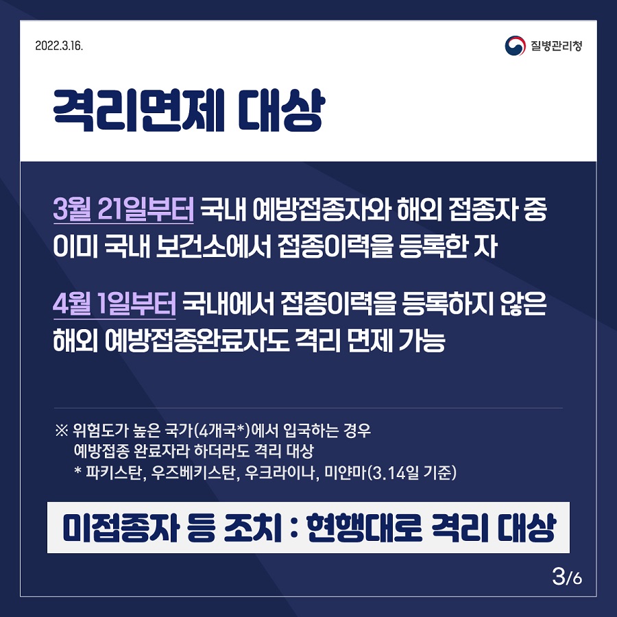 ㅇ 격리면제 대상 - 3월 21일부터 국내 예방접종자와 해외 접종자 중 이미 국내 보건소에서 접종이력을 등록한 자 - 4월 1일부터는 국내에서 접종이력을 등록하지 않은 해외 예방접종완료자도 격리 면제 가능 ※ 위험도가 높은 국가(4개국*)에서 입국하는 경우 예방접종 완료자라 하더라도 격리 대상 * 파키스탄, 우즈베키스탄, 우크라이나, 미얀마(3.14일 기준) ㅇ 미접종자 등 조치 : 현행대로 격리 대상