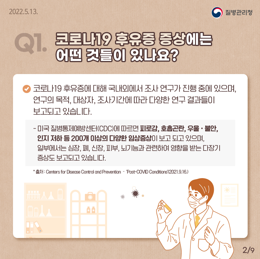 [질병관리청 2022년5월13일] Q1. 코로나19 후유증 증상에는 어떤 것들이 있나요? 코로나19 후유증에 대해 국내외에서 조사 연구가 진행 중에 있으며, 연구의 목적, 대상자, 조사기간에 따라 다양한 연구 결과들이 보고되고 있습니다. 미국 질병통제예방센터(CDC)에 따르면 피로감, 호흡곤란, 우울ㆍ불안, 인지 저하 등 200개 이상의 다양한 임상증상이 보고 되고 있으며, 일부에서는 심장, 폐, 신장, 피부, 뇌기능과 관련하여 영향을 받는 다장기 증상도 보고되고 있습니다. * 출처 : Centers for Disease Control and Prevention(Updated 2021.9.16.). [9페이지 중 2페이지]