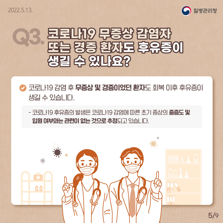 [질병관리청 2022년5월13일] Q3. 코로나19 무증상 감염자 또는 경증 환자도 후유증이 생길 수 있나요? 코로나19 감염 후 무증상 및 경증이었던 환자도 회복 이후 후유증이 생길 수 있습니다. 코로나19 후유증의 발생은 코로나19 감염에 따른 초기 증상의 중증도 및 입원 여부와는 관련이 없는 것으로 추정되고 있습니다. [9페이지 중 5페이지]