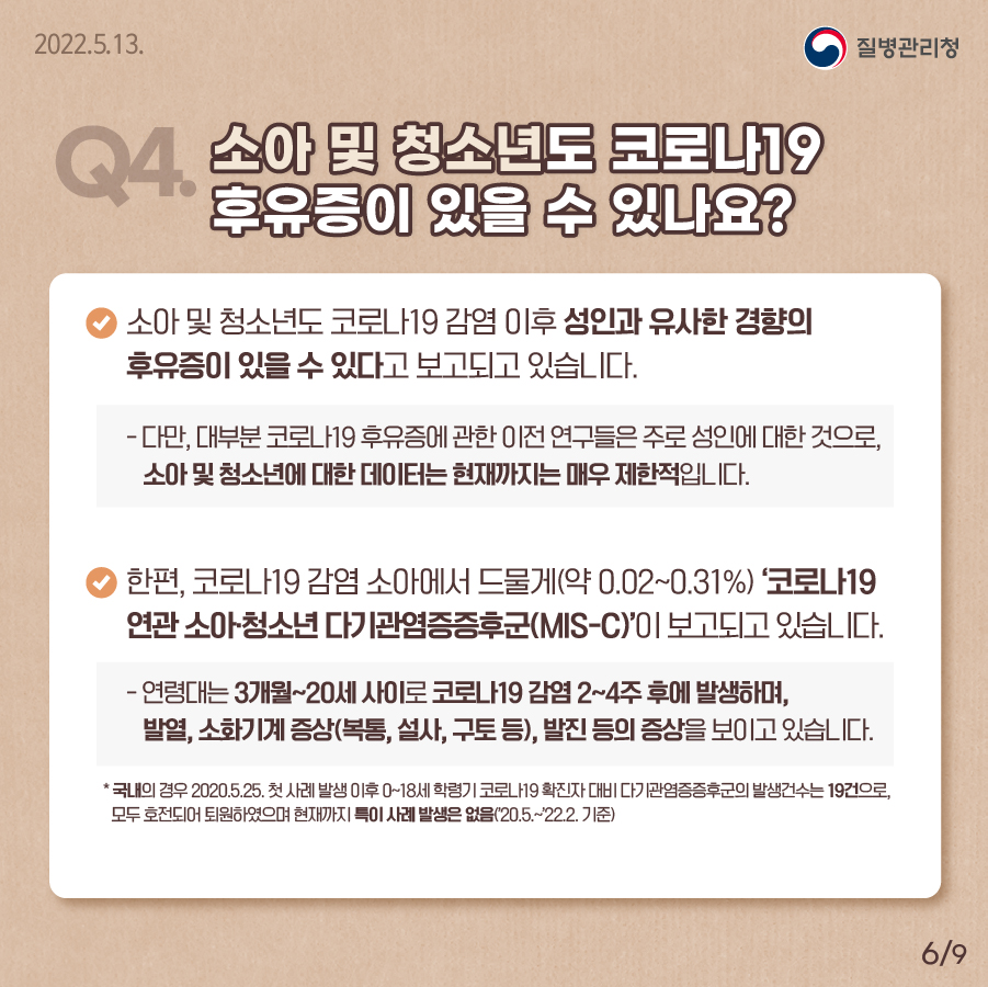 [질병관리청 2022년5월13일] Q4. 소아 및 청소년도 코로나19 후유증이 있을 수 있나요? 소아 및 청소년도 코로나19 감염 이후 성인과 유사한 경향의 후유증이 있을 수 있다고 보고되고 있습니다. 다만, 대부분 코로나19 후유증에 관한 이전 연구들은 주로 성인에 대한 것으로, 소아 및 청소년에 대한 데이터는 현재까지는 매우 제한적입니다. 한편, 코로나19 감염 소아에서 드물게(약 0.02~0.31%) ‘코로나19 연관 소아·청소년 다기관염증증후군(MIS-C)’이 보고되고 있습니다. 연령대는 3개월~20세 사이로 코로나19 감염 2~4주 후에 발생하며, 발열, 소화기계 증상(복통, 설사, 구토 등), 발진 등의 증상을 보이고 있습니다. * 국내의 경우 2020.5.25. 첫 사례 발생 이후 0~18세 학령기 코로나19 확진자 대비 다기관염증증후군의 발생건수는 19건으로, 모두 호전되어 퇴원하였으며 현재까지 특이 사례 발생은 없음(‘20.5.~’22.2. 기준). [9페이지 중 6페이지]